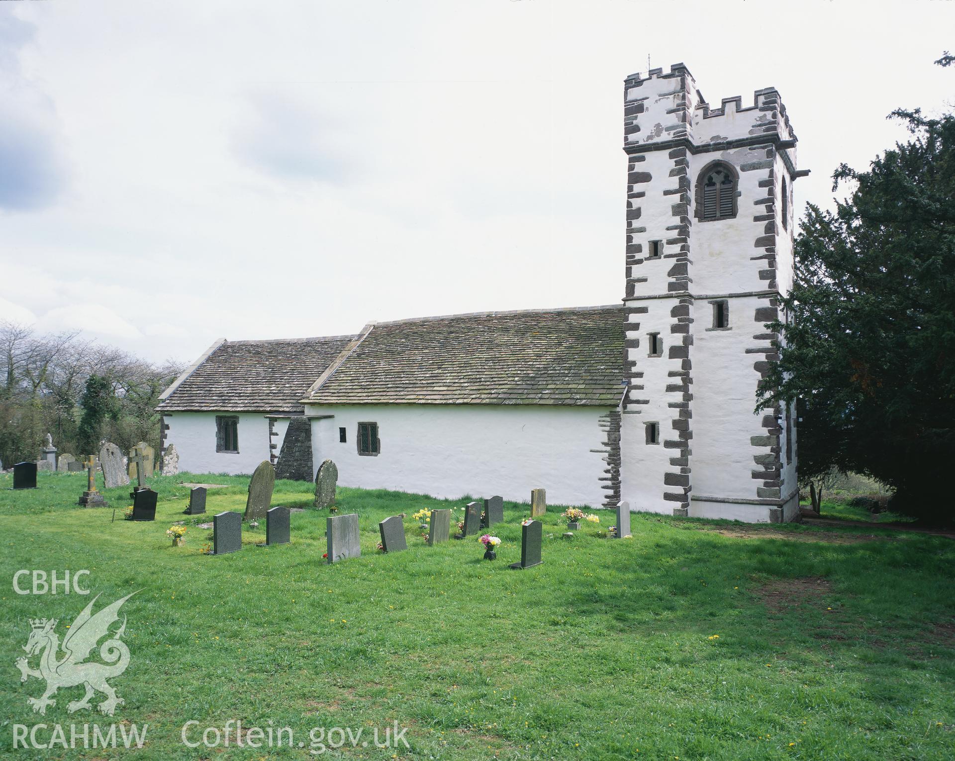 RCAHMW colour transparency showing exterior view of St Cadoc's Church, Llangattock Lingoed.