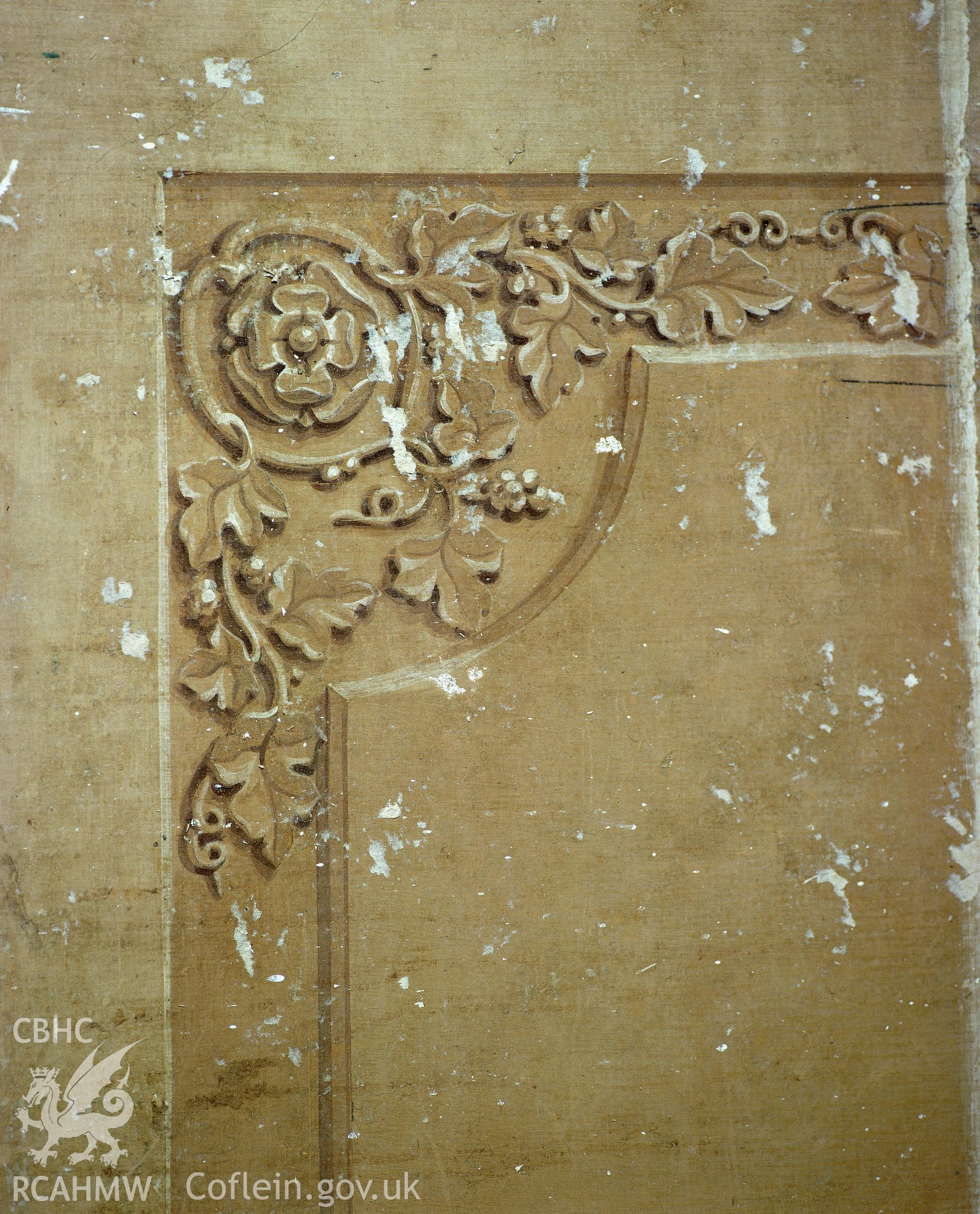 RCAHMW colour transparency showing decorative plasterwork at Rheola House, Resolven.