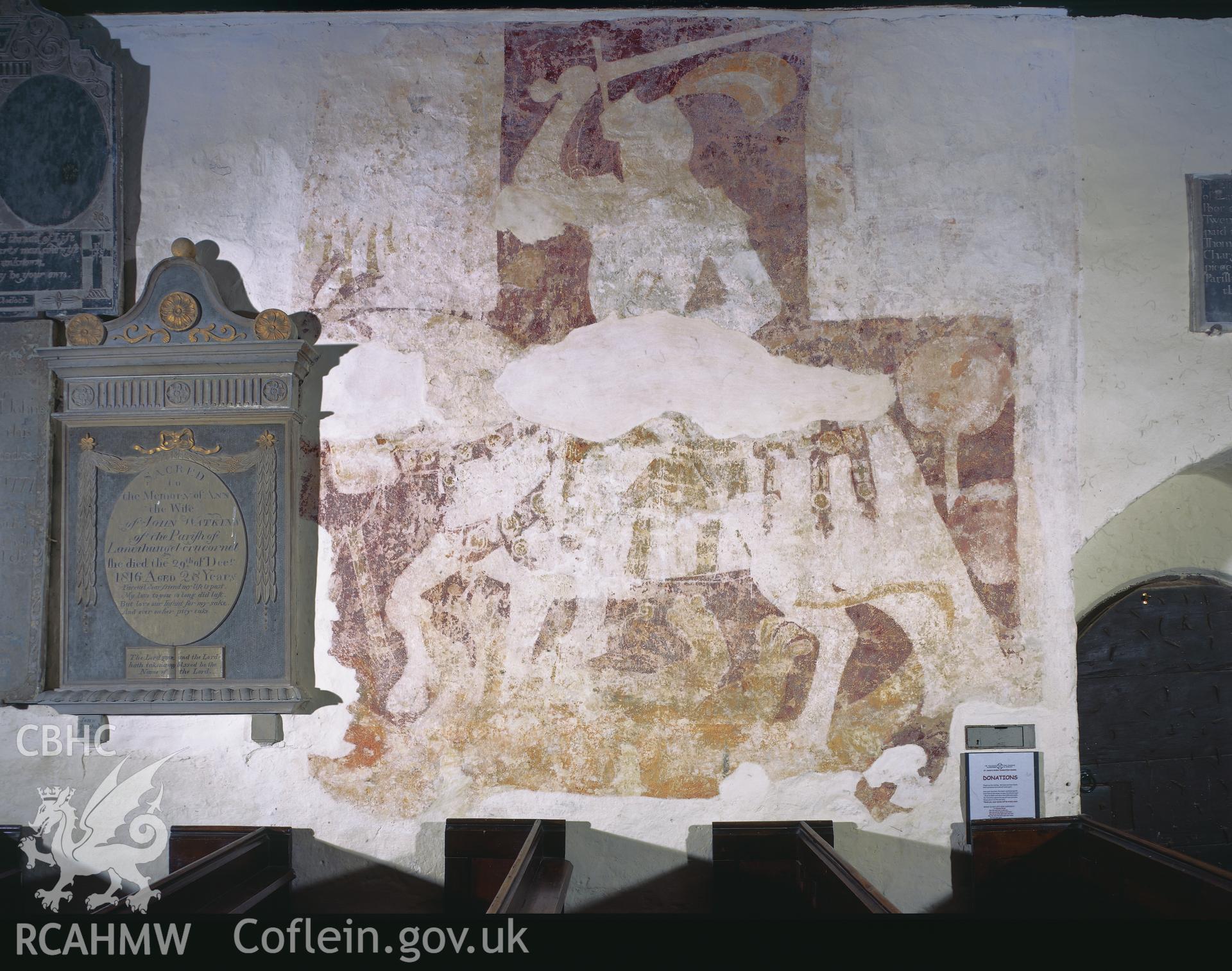 RCAHMW colour transparency showing wallpainting of St George in St Cadoc's Church, Llangattock Lingoed.