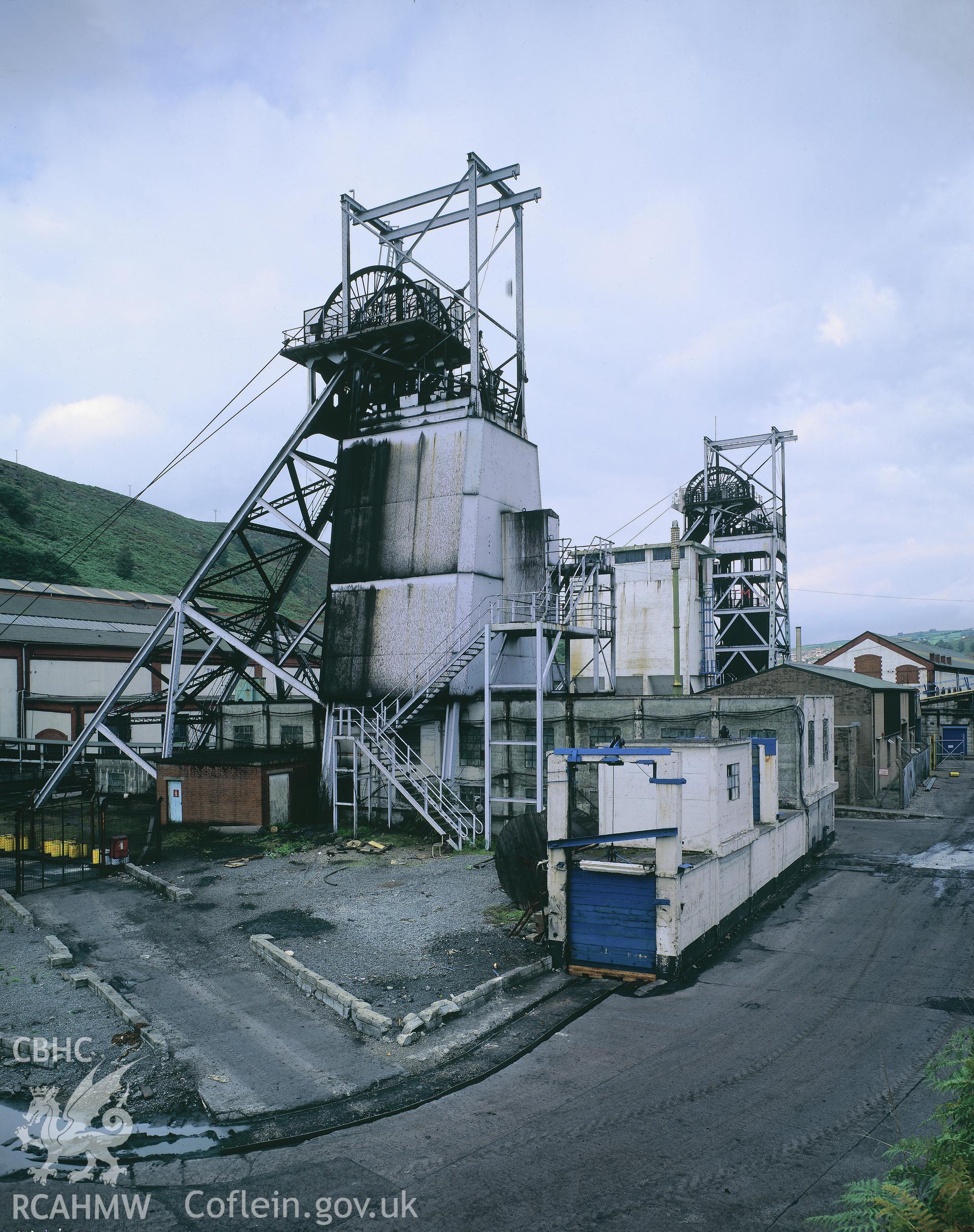 RCAHMW colour transparency of a view of a winding tower at Taff Merthyr Colliery.