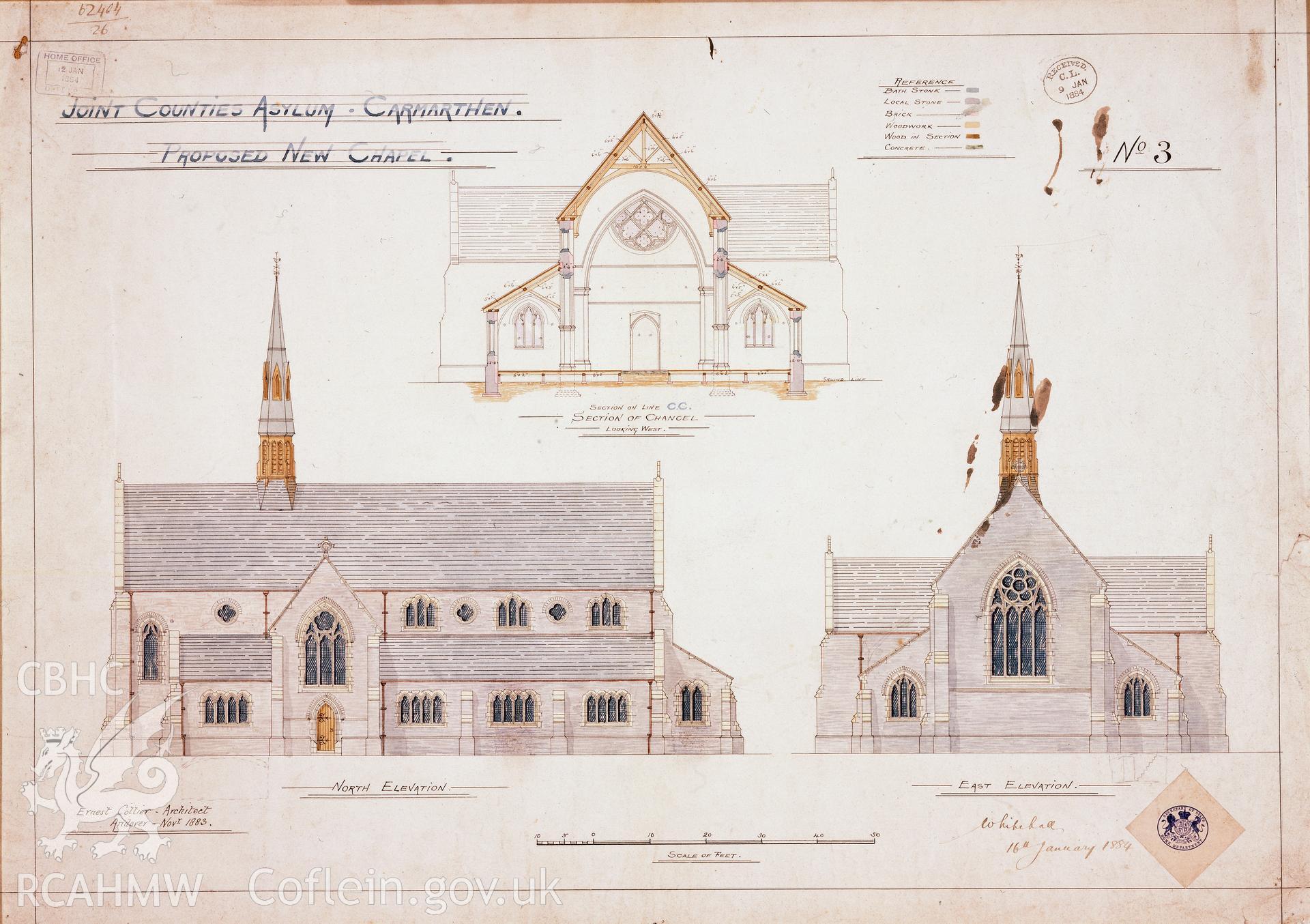 RCAHMW colour transparency of 1884 drawings showing proposed new chapel at St David's Hospital,  Carmarthen.