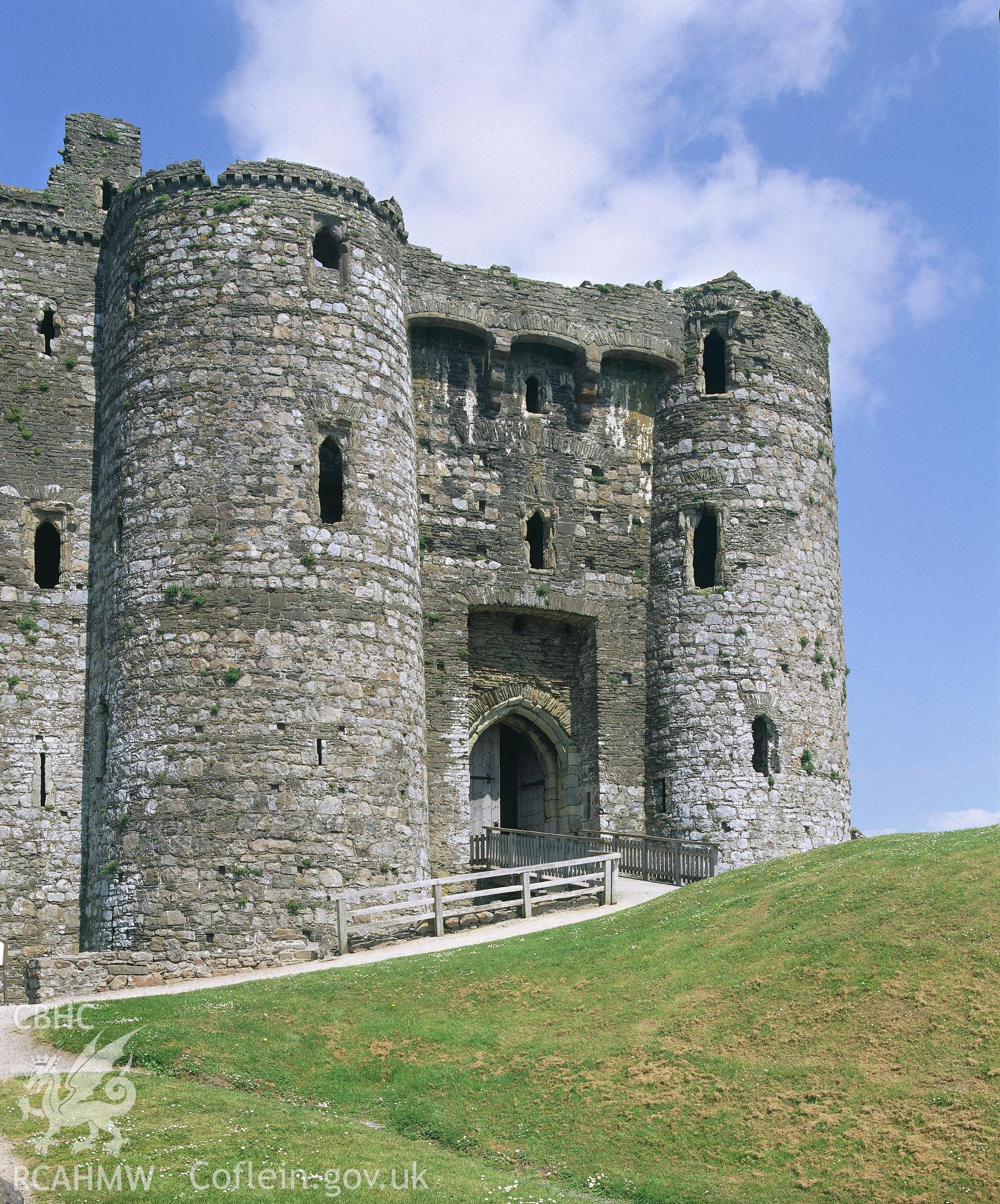 RCAHMW colour transparency showing view of the gatehouse at Kidwelly Castle.