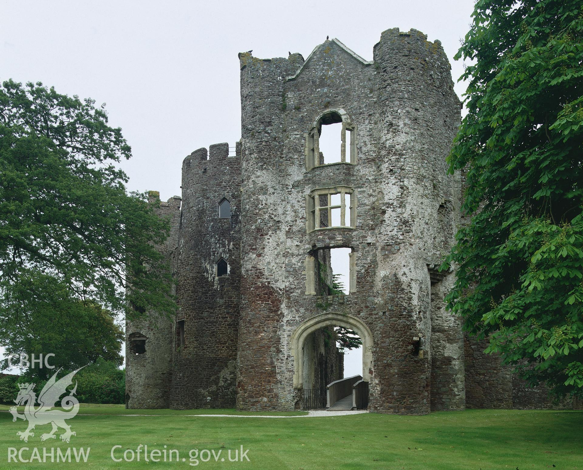 RCAHMW colour transparency showing exterior view of Laugharne Castle.