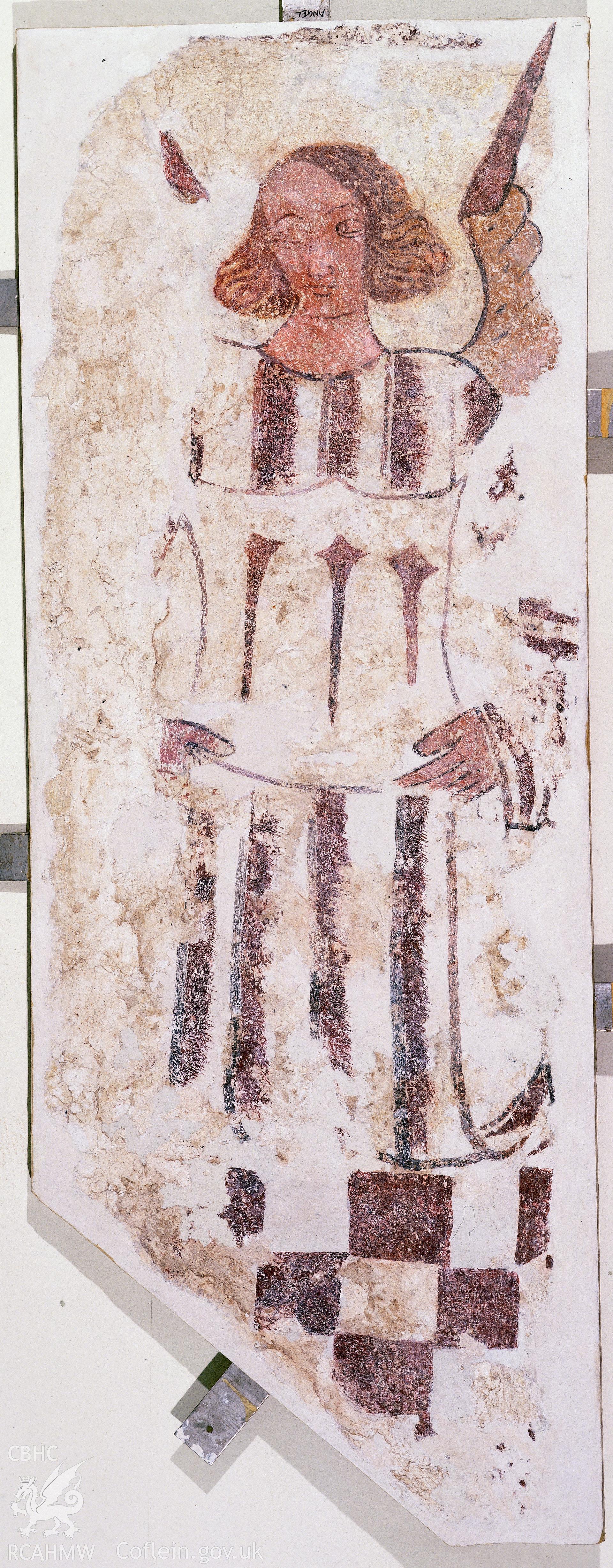 RCAHMW colour transparency of wallpainting of an angel at Llandeilo Talybont Church.