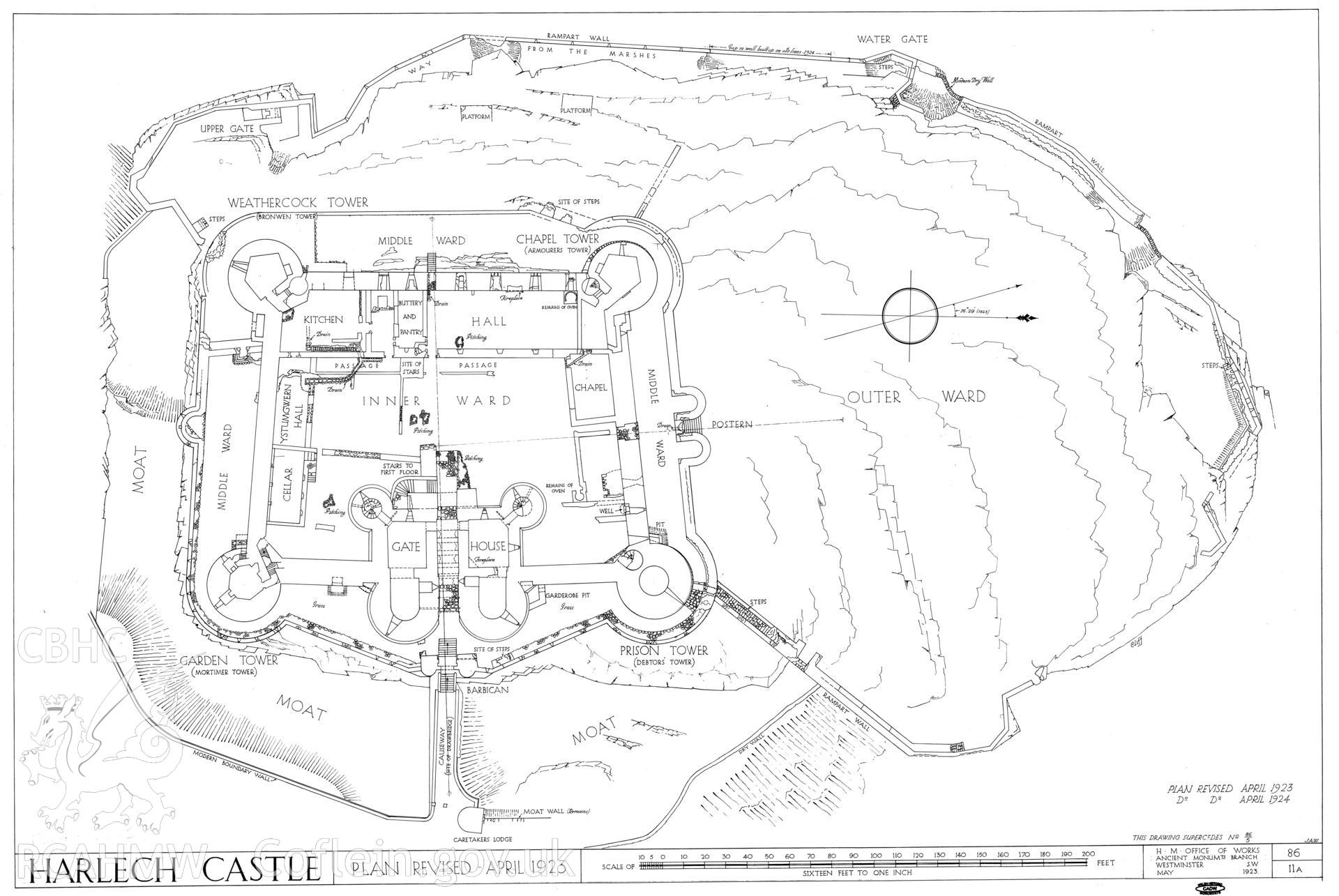 Cadw guardianship monument drawing of Harlech Castle. Castle with outer ward (outline). Cadw Ref. No:86/11A. Scale 1:192.