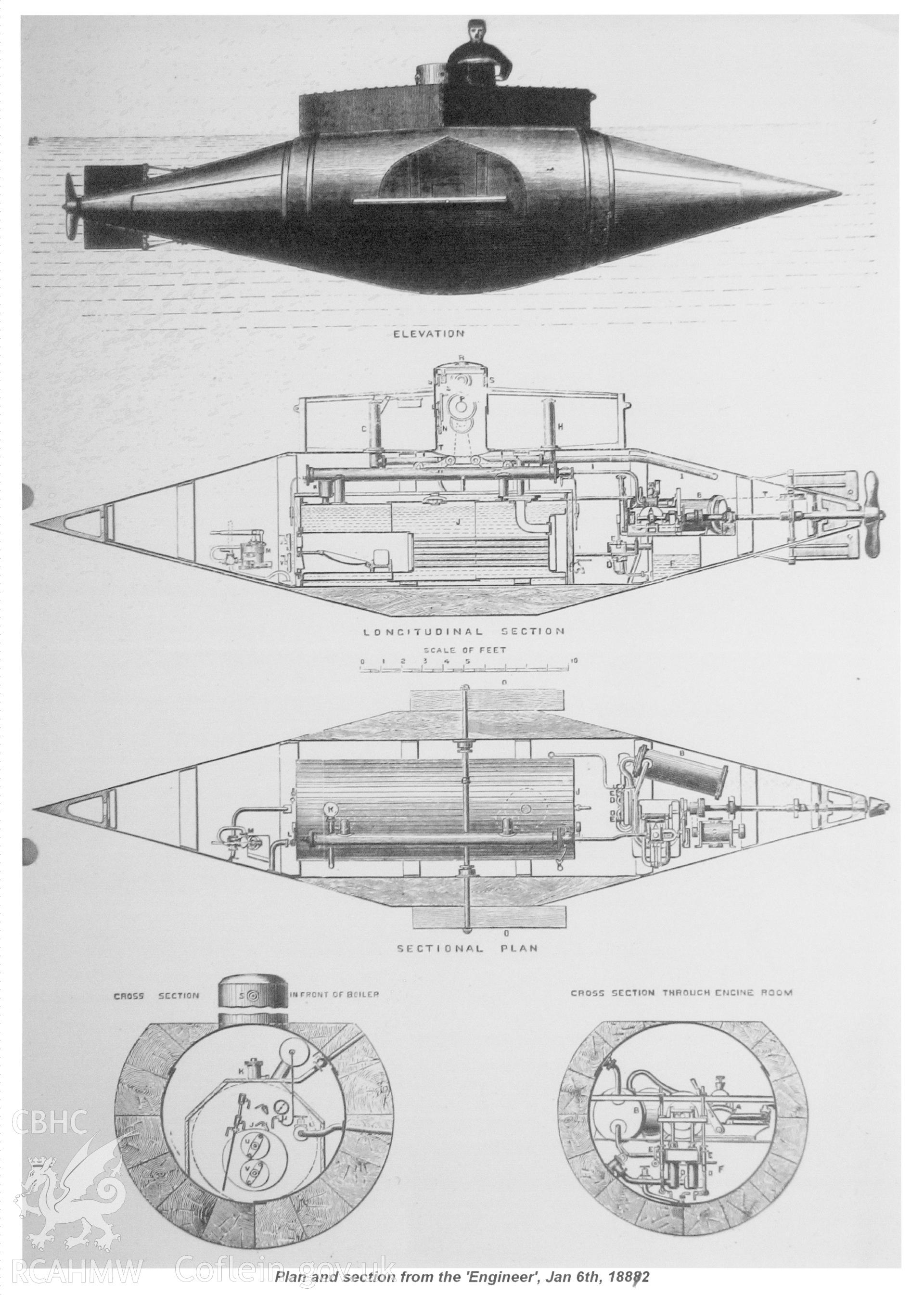 Digitized copy of an Illustration showing the engineering drawings for the Resurgam which formed the basis of the Garrett's patent  which appeared the in the 'Engineer' in 6th January 1882