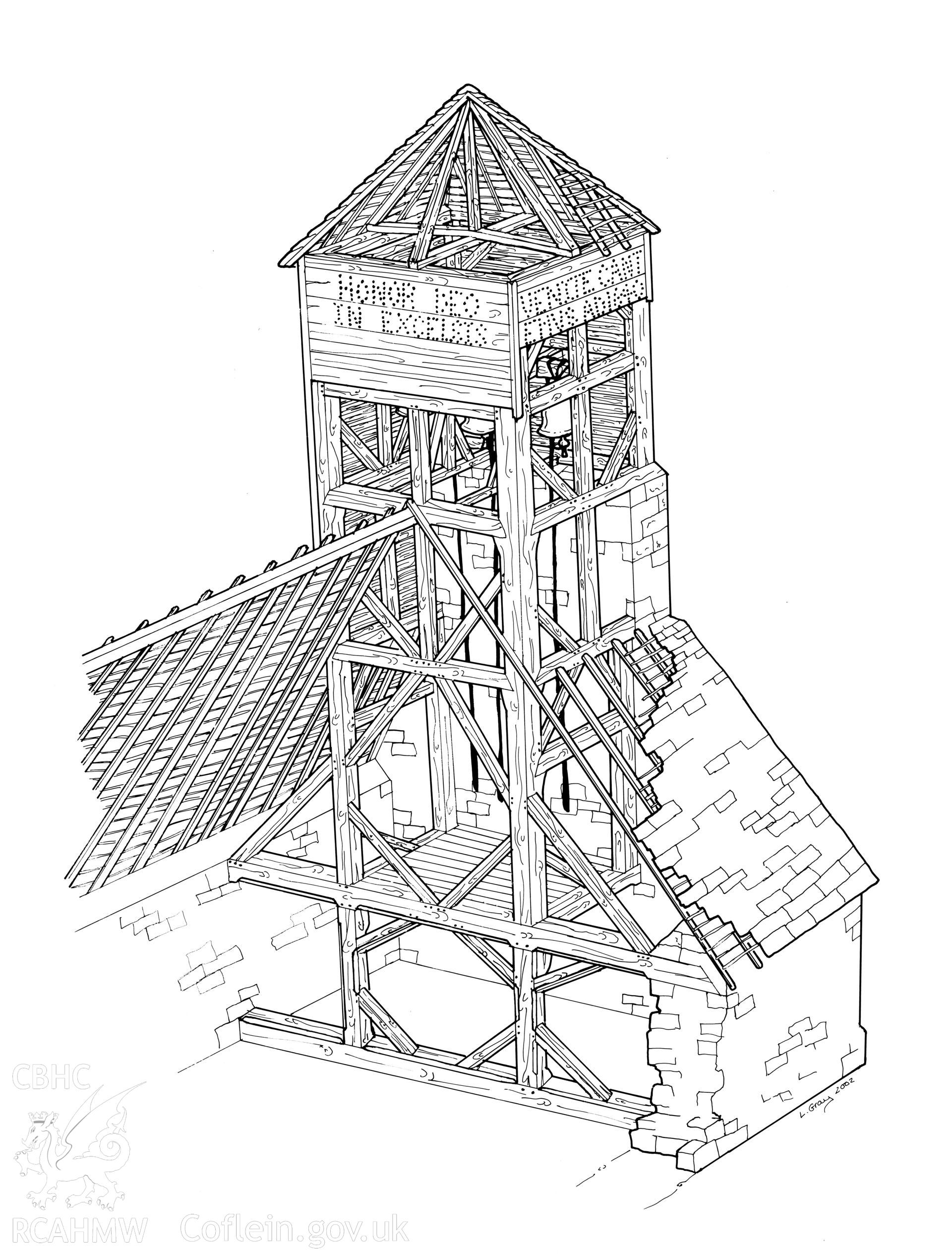 Cutaway drawing showing the tower at Mallwyd Church, produced by Lorna Gray for Richard Suggett, and published in  'Dr John Davies of Mallwyd: Welsh Renaissance Scholar', ed. Ceri Davies  (Cardiff, 2004), ch. 10.