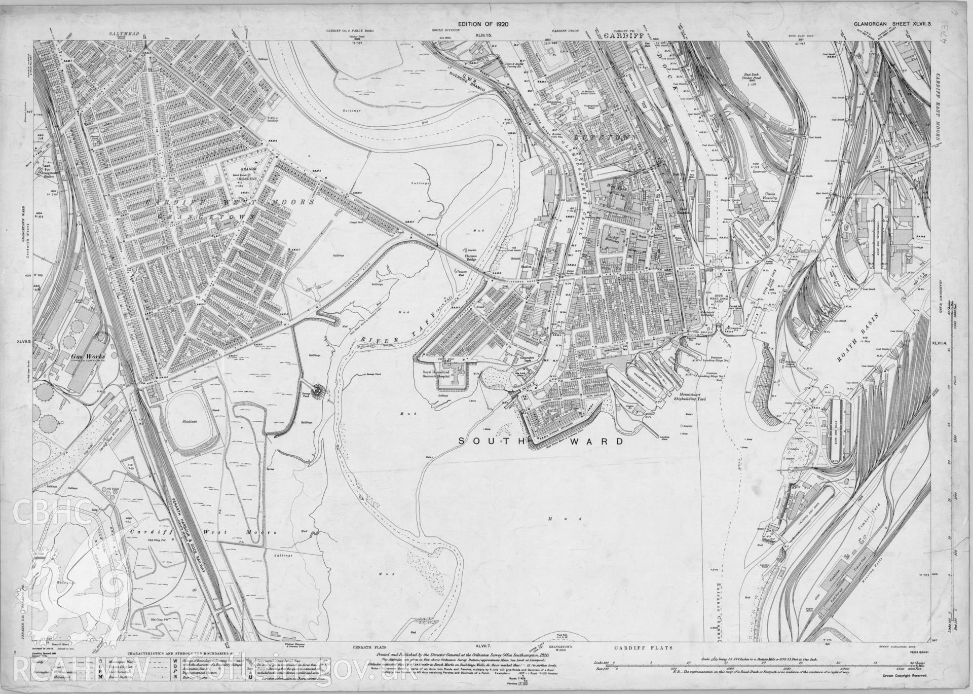 Digitized copy of Ordnance Survey 25 inch 1920 edition map of the Bute district of Cardiff.
