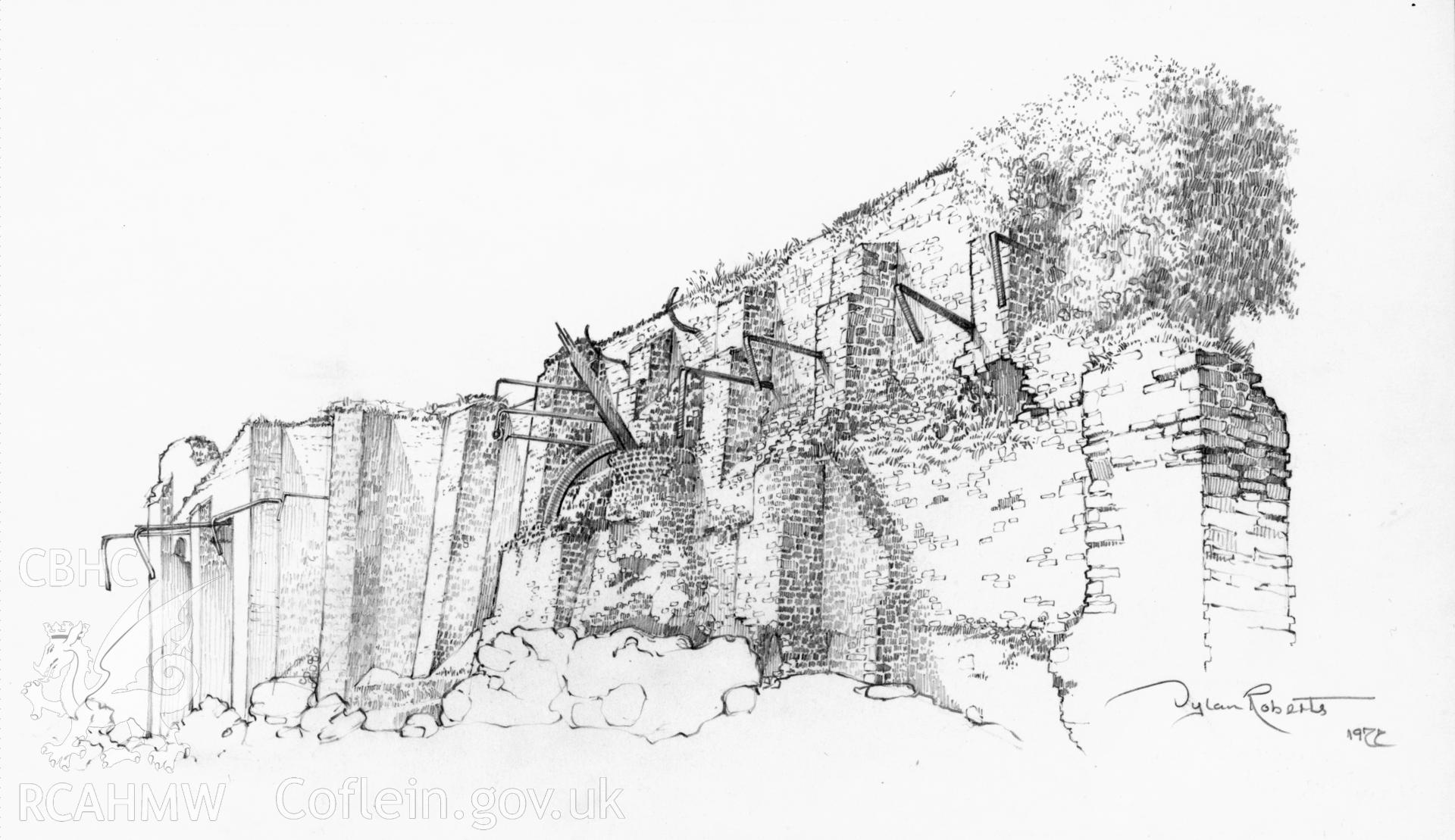 Pencil sketch of the charging bank at Ynysgedwyn Iron Works, produced by Dylan Roberts, 1977.