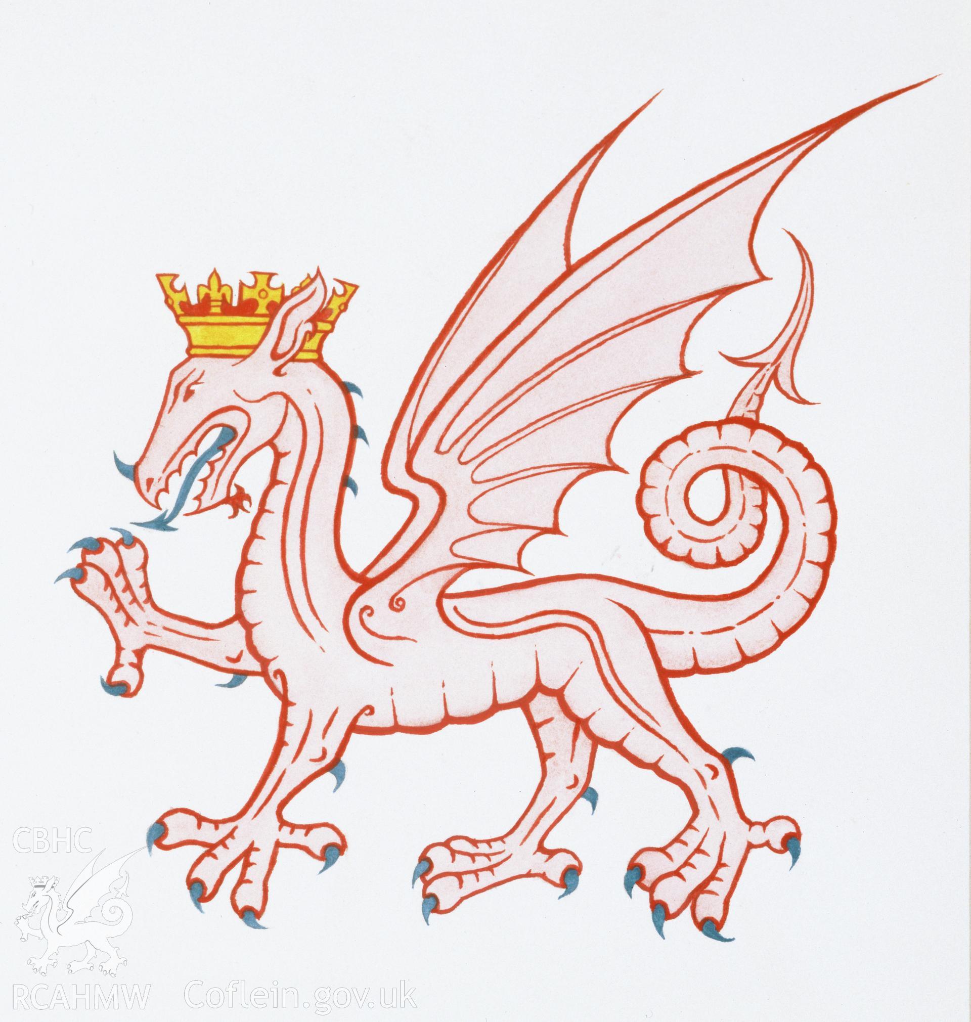 Colour transparency of an original painting of the Royal Commissions dragon badge.