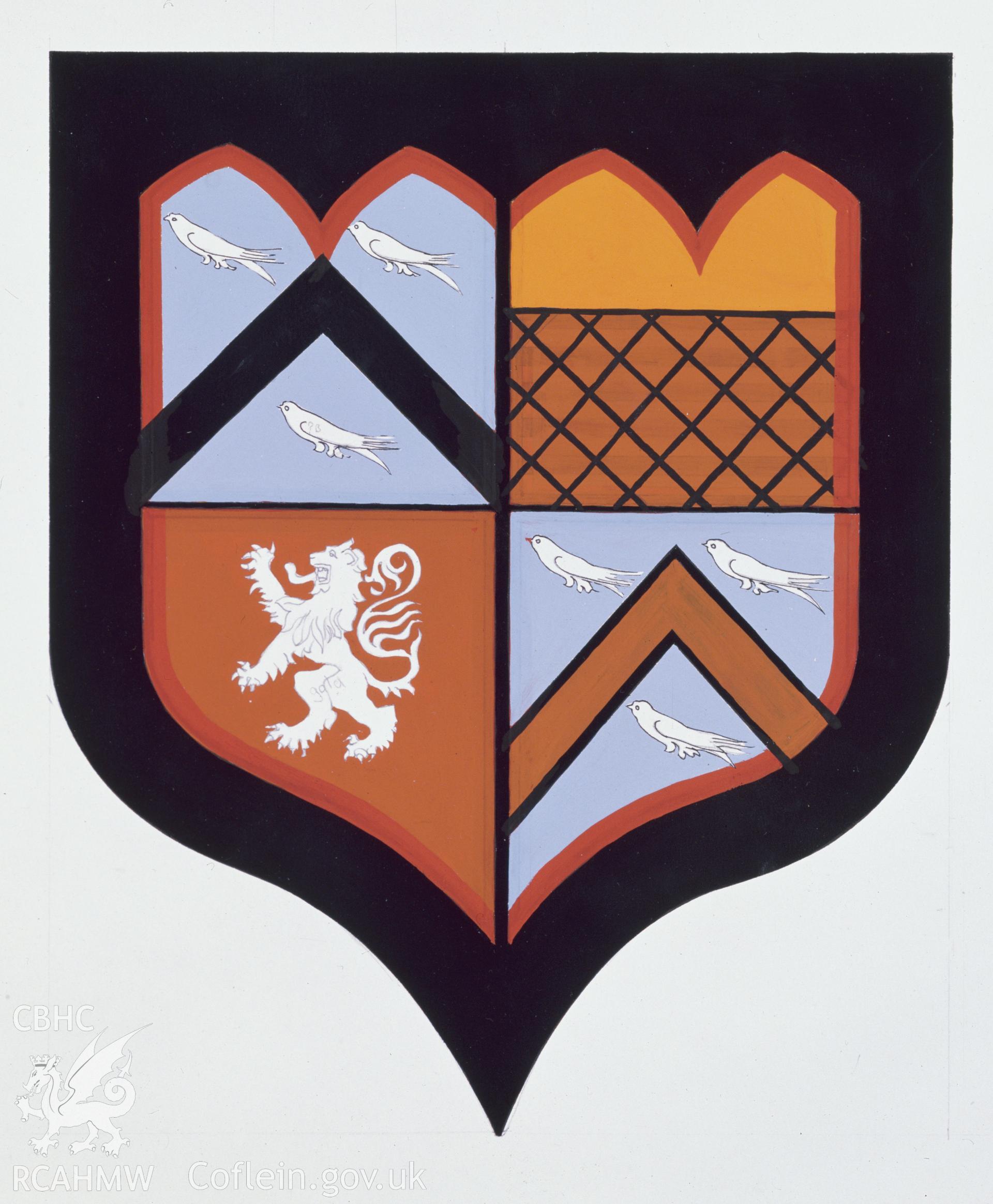 RCAHMW colour transparency of artwork by Dylan Roberts, showing coat of arms at Upton Chapel.