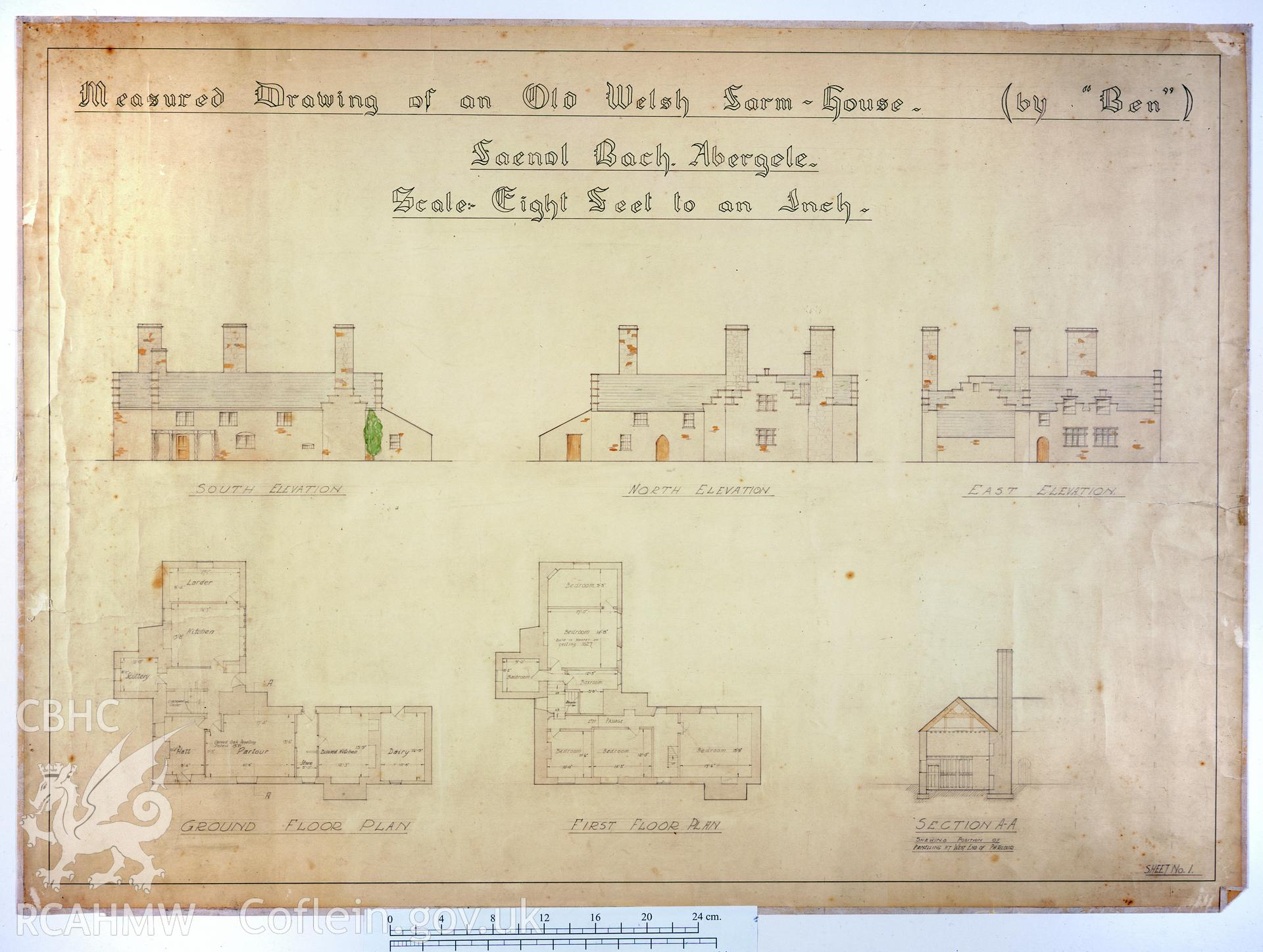 RCAHMW colour transparency showing measured drawings of Faenol Bach, Abergele.
