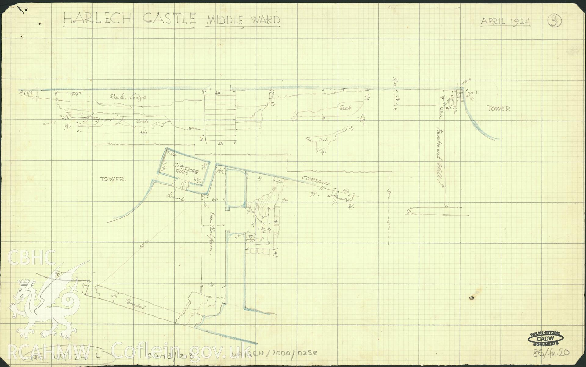 Cadw guardianship monument drawing of Harlech Castle. 3.Middle ward south (W part). Cadw Ref:86/fn.20.