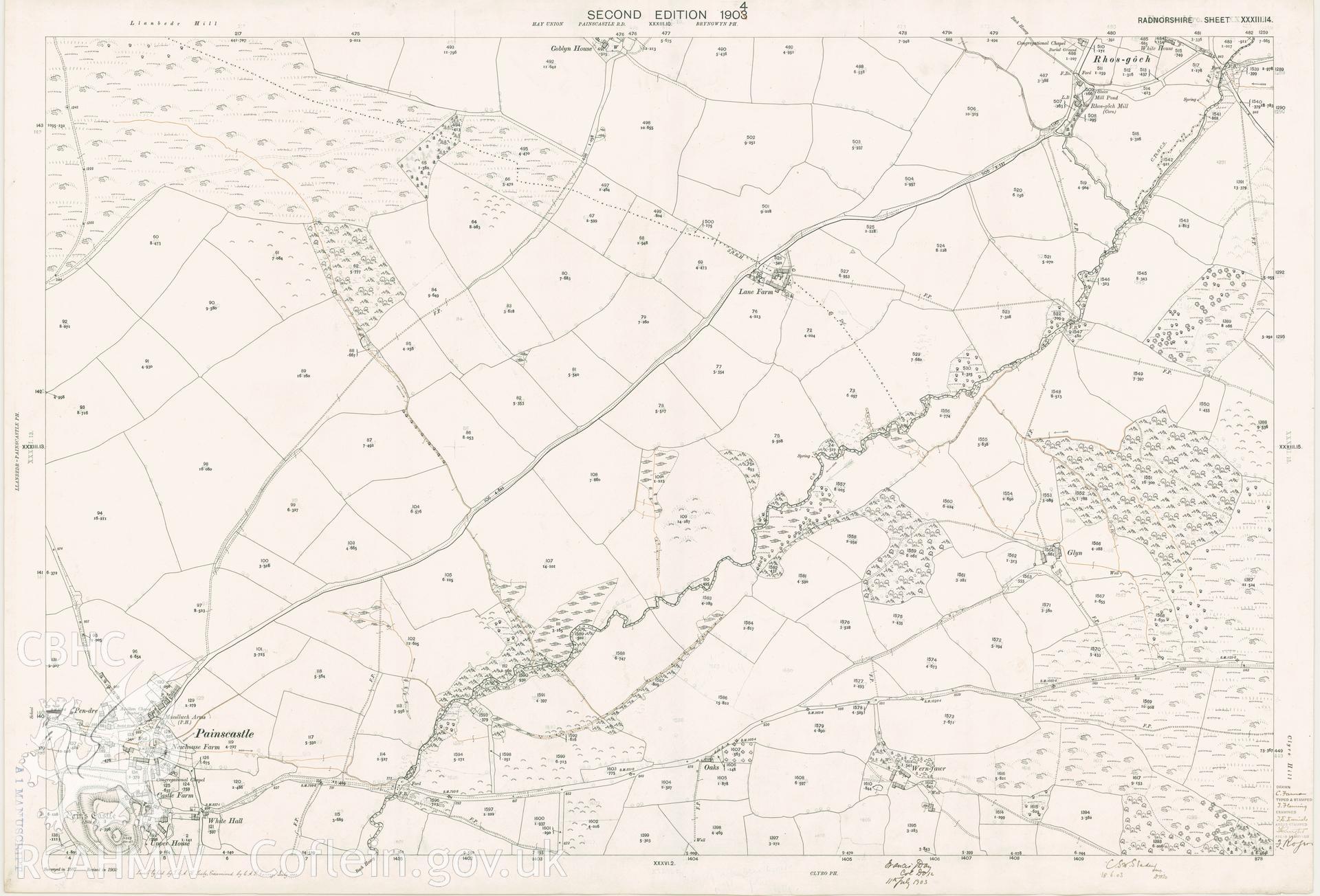 Digitized copy of Ordnance Survey 25 inch coloured map of Painscastle area 1904. Original size.