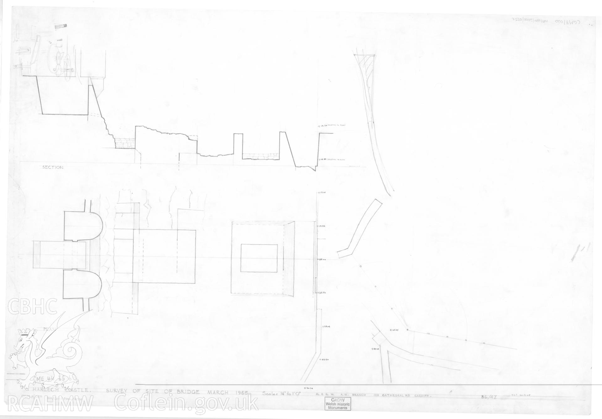 Cadw guardianship monument drawing of Harlech Castle. Entrance pits, plan + section. Cadw Ref. No:86/47. Scale 1:48.
