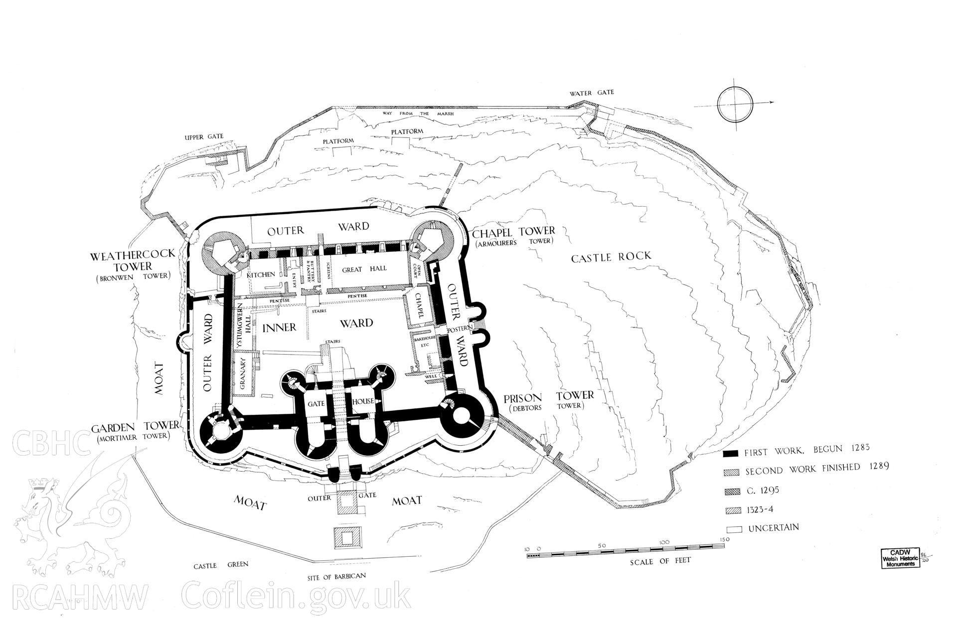 Cadw guardianship monument drawing of Harlech Castle. General plan, 4 periods. Cadw Ref. No:86/20. Scale 1:192.