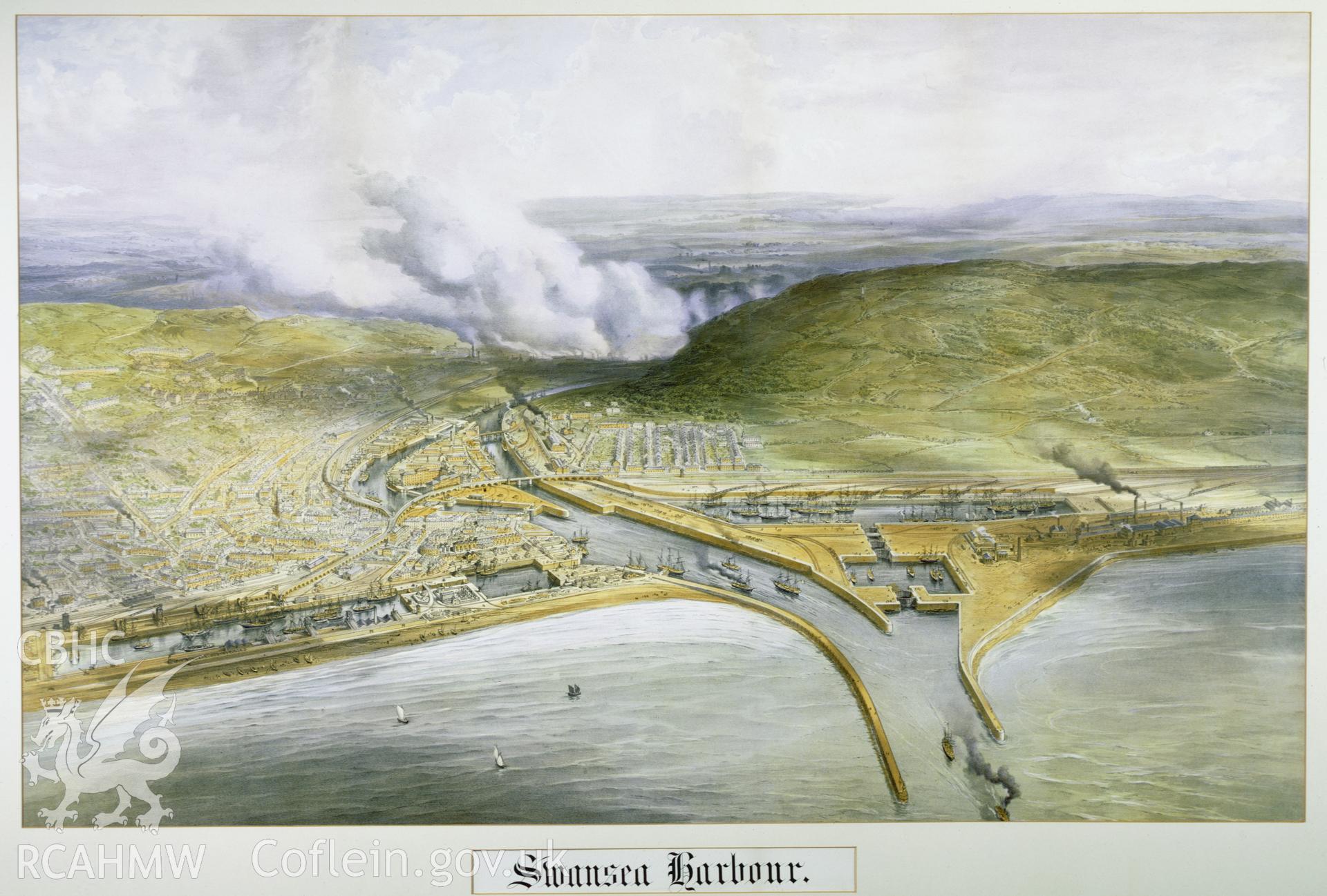 RCAHMW colour transparency of an 1851 lithograph showing Swansea Harbour, photographed by Iain Wright.
