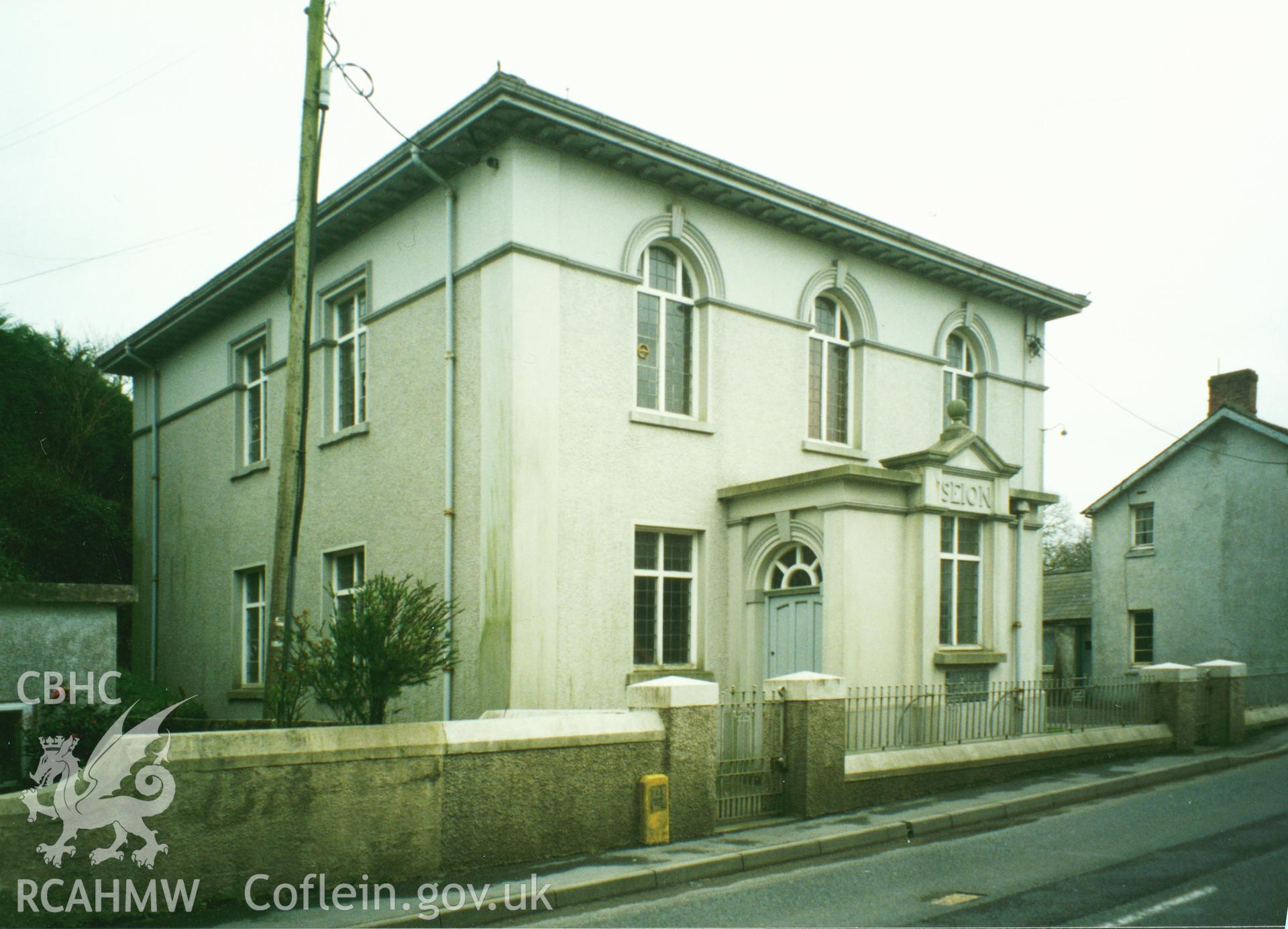 Digital copy of a colour photograph showing an exterior view of Seion Welsh Baptist Chapel, St Clears, taken by Robert Scourfield, 1996.