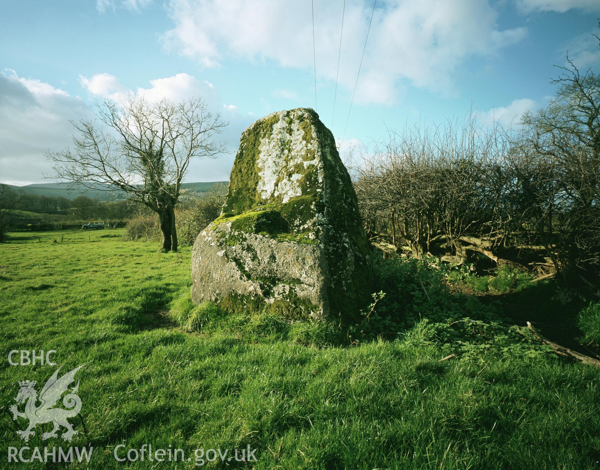 RCAHMW colour transparency of a view of the standing stone at Gileston