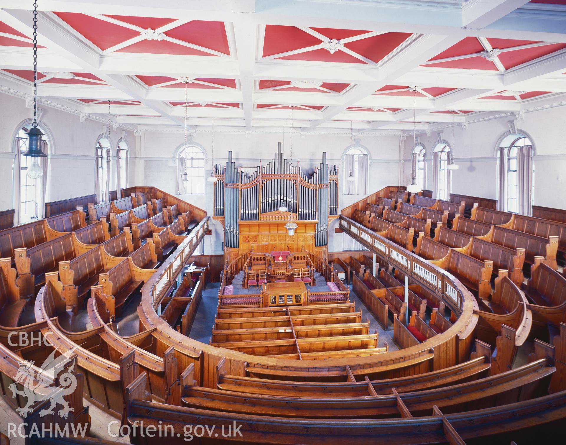 RCAHMW colour transparency showing interior view of Tabernacle Chapel,  Aberystwyth, photographed by Iain Wright, 1997.