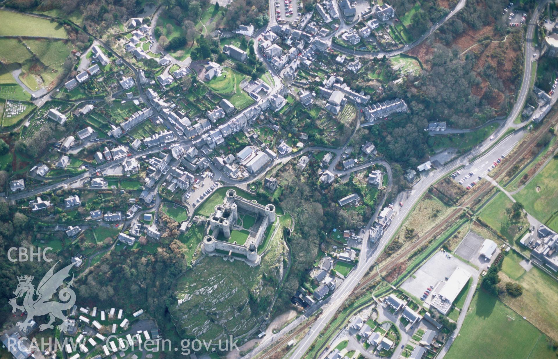 Slide of RCAHMW colour oblique aerial photograph of Harlech Castle, taken by T.G. Driver, 2002.