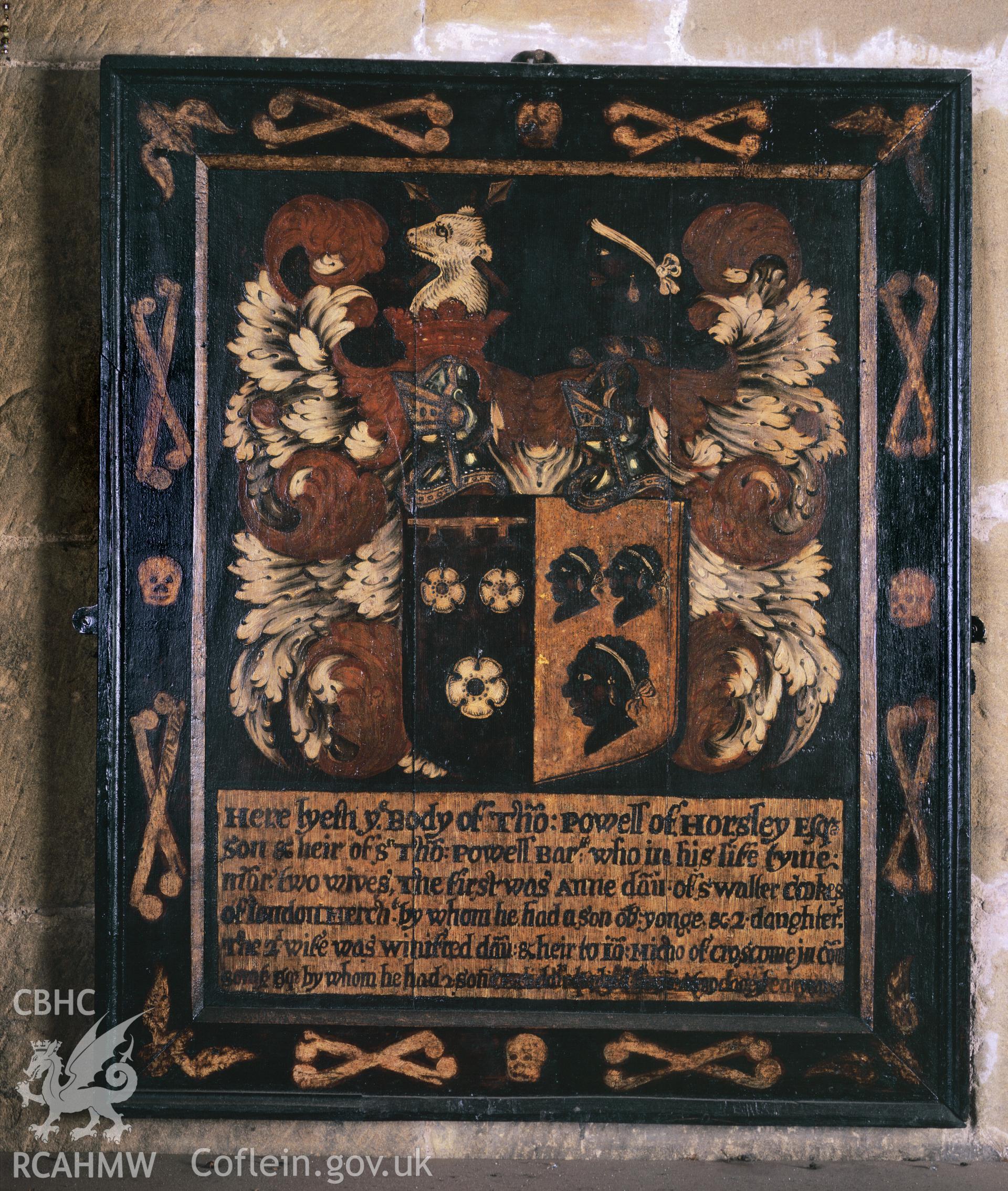 RCAHMW colour transparency showing memorial plaque to Thomas Powell at All Saints Church, Gresford, photographed by Iain Wright, 2001.