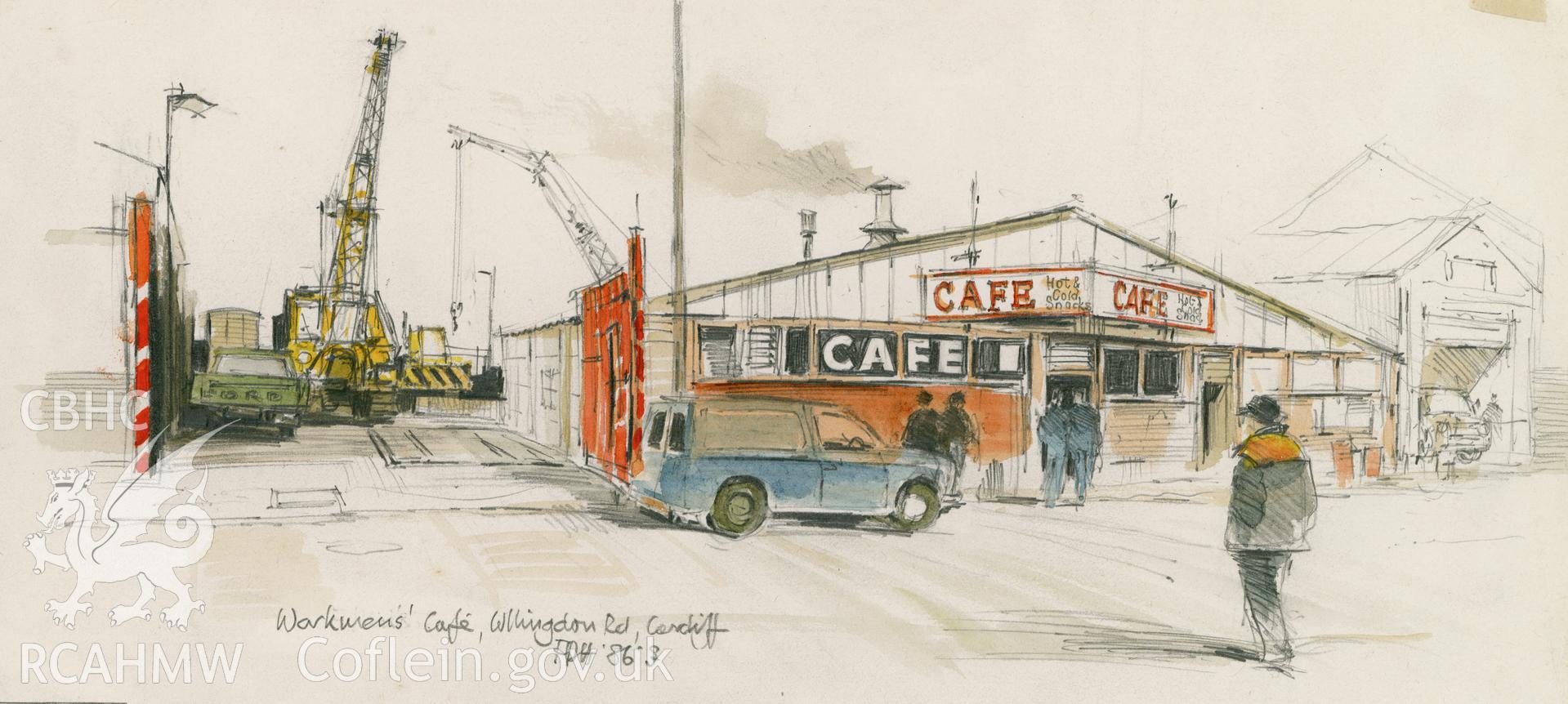 Workman's Cafe, Cardiff: (pencil and watercolour) drawing.