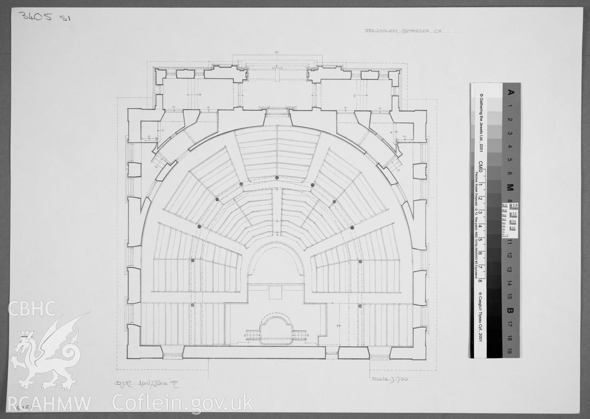 Jerusalem Chapel, Bethesda; Measured drawing showing plan of chapel, surveyed and drawn by Dylan Roberts, April 1997.