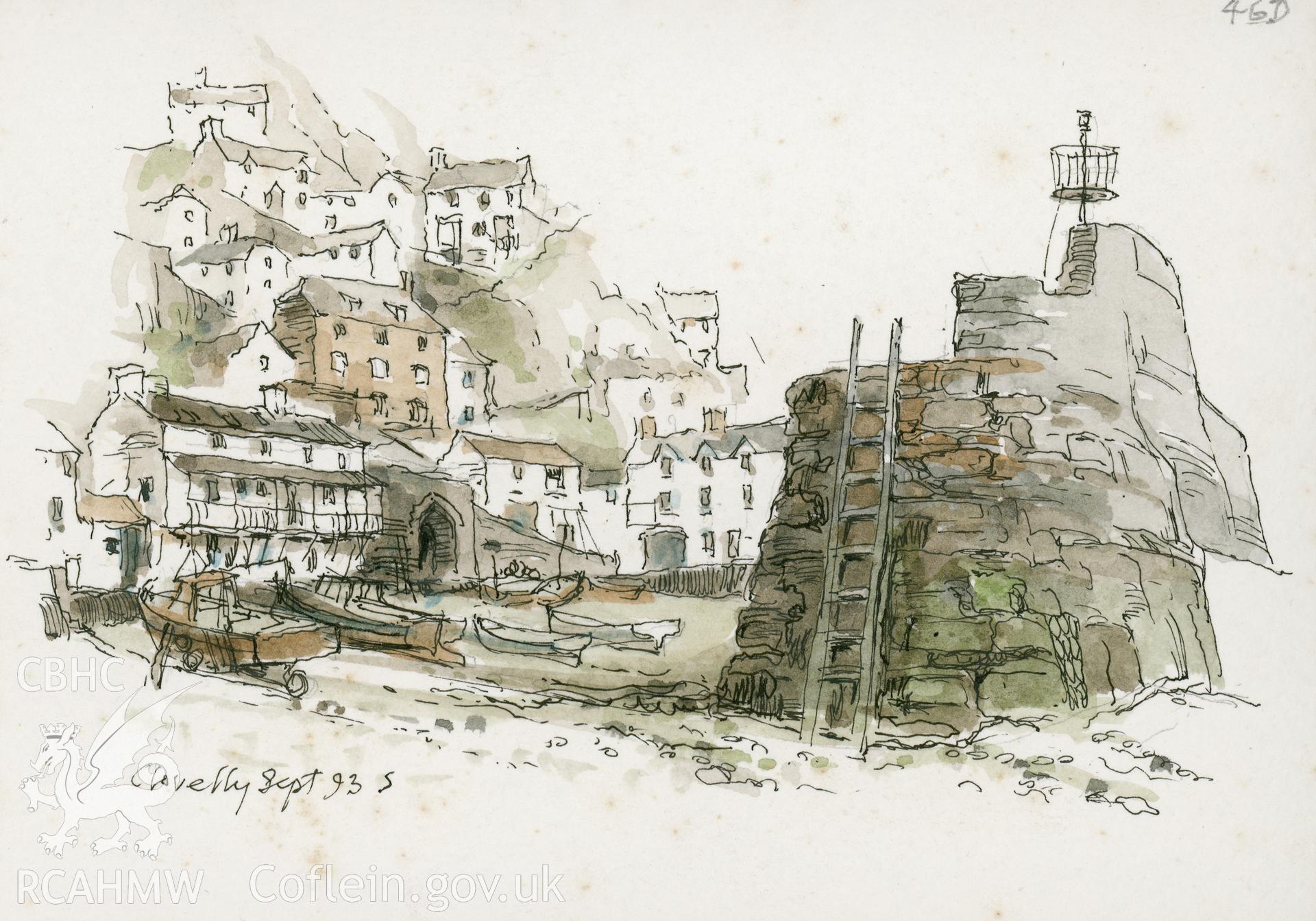 Clovelly, Cornwall: (ink and watercolour) postcard drawing.