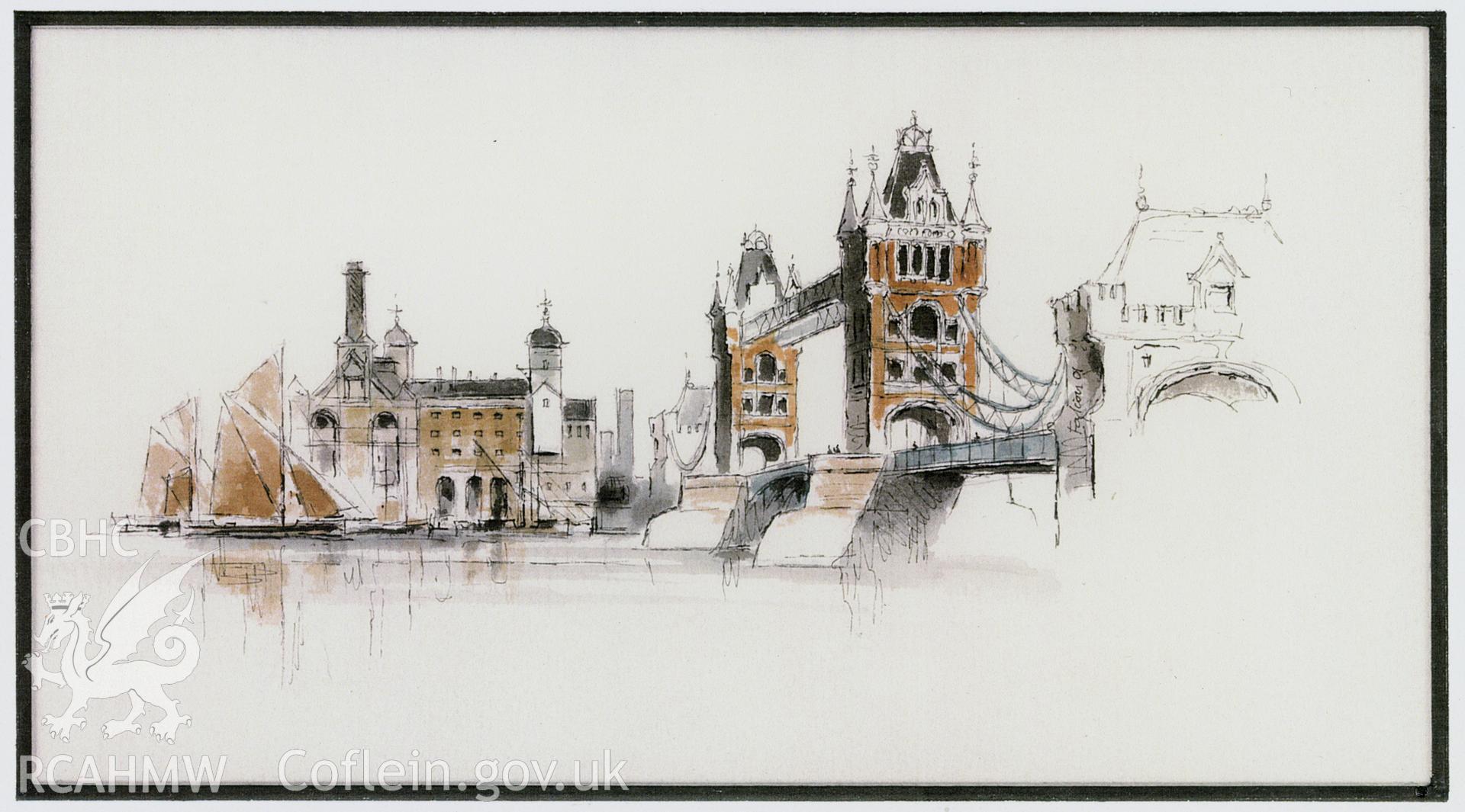 Tower Bridge, London: (pencil, ink and watercolour) drawing.