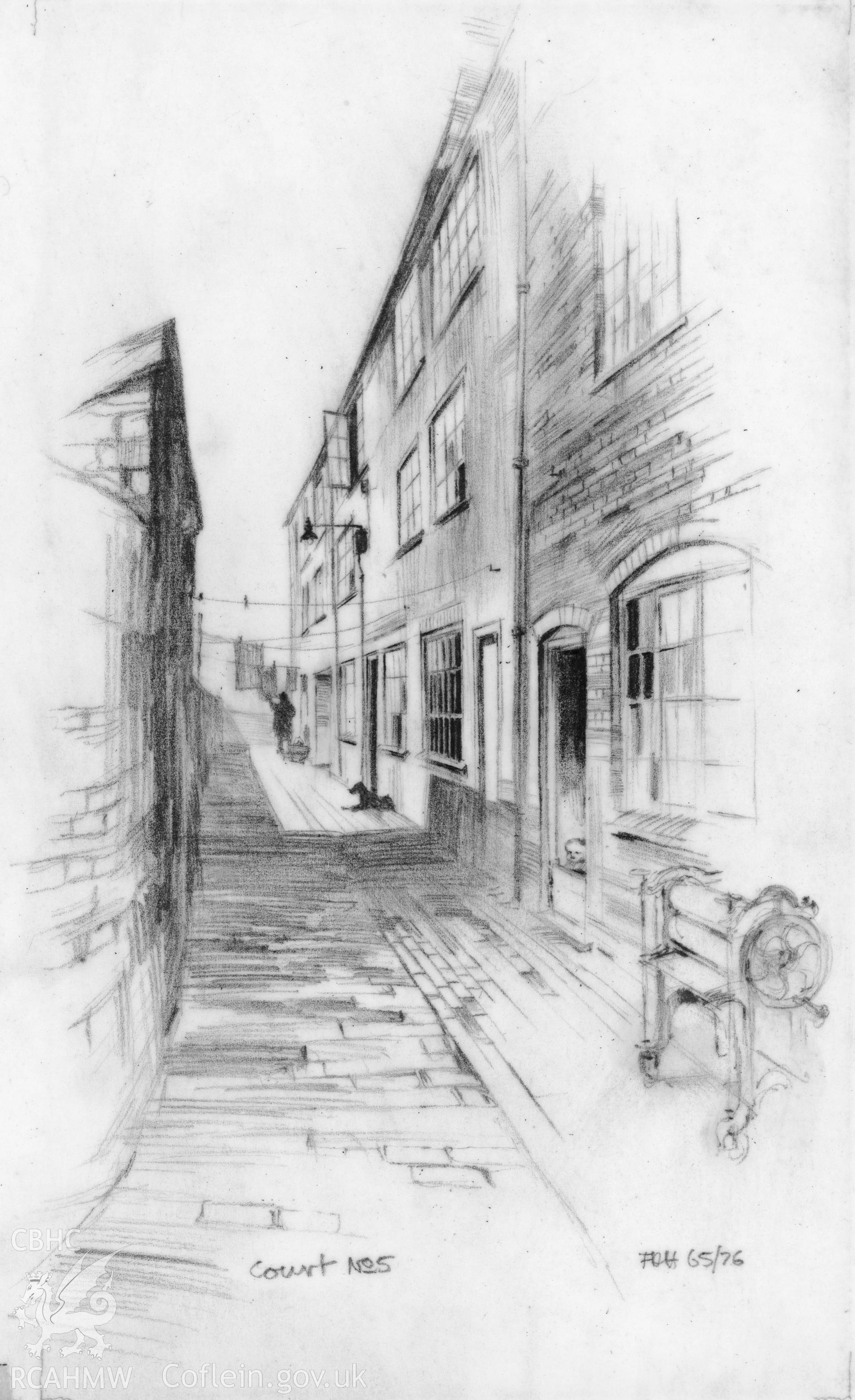 Spon End, Coventry - Court No. 5: (pencil) drawing showing the south of the street, looking down the Court.