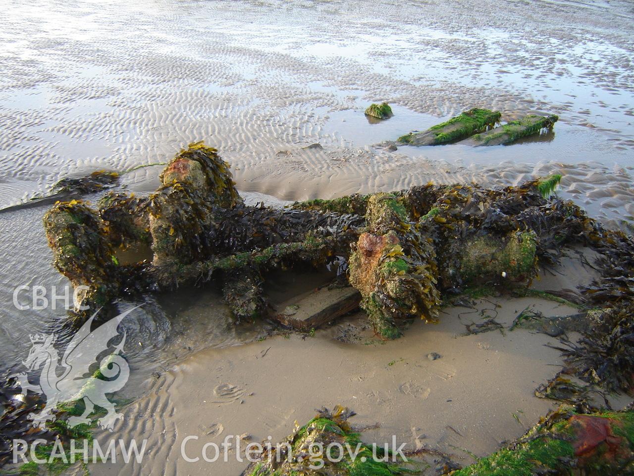 Digital photograph showing the wreck of the Flying Foam at Conwy Sands, produced by Ian Cundy, August 2012.