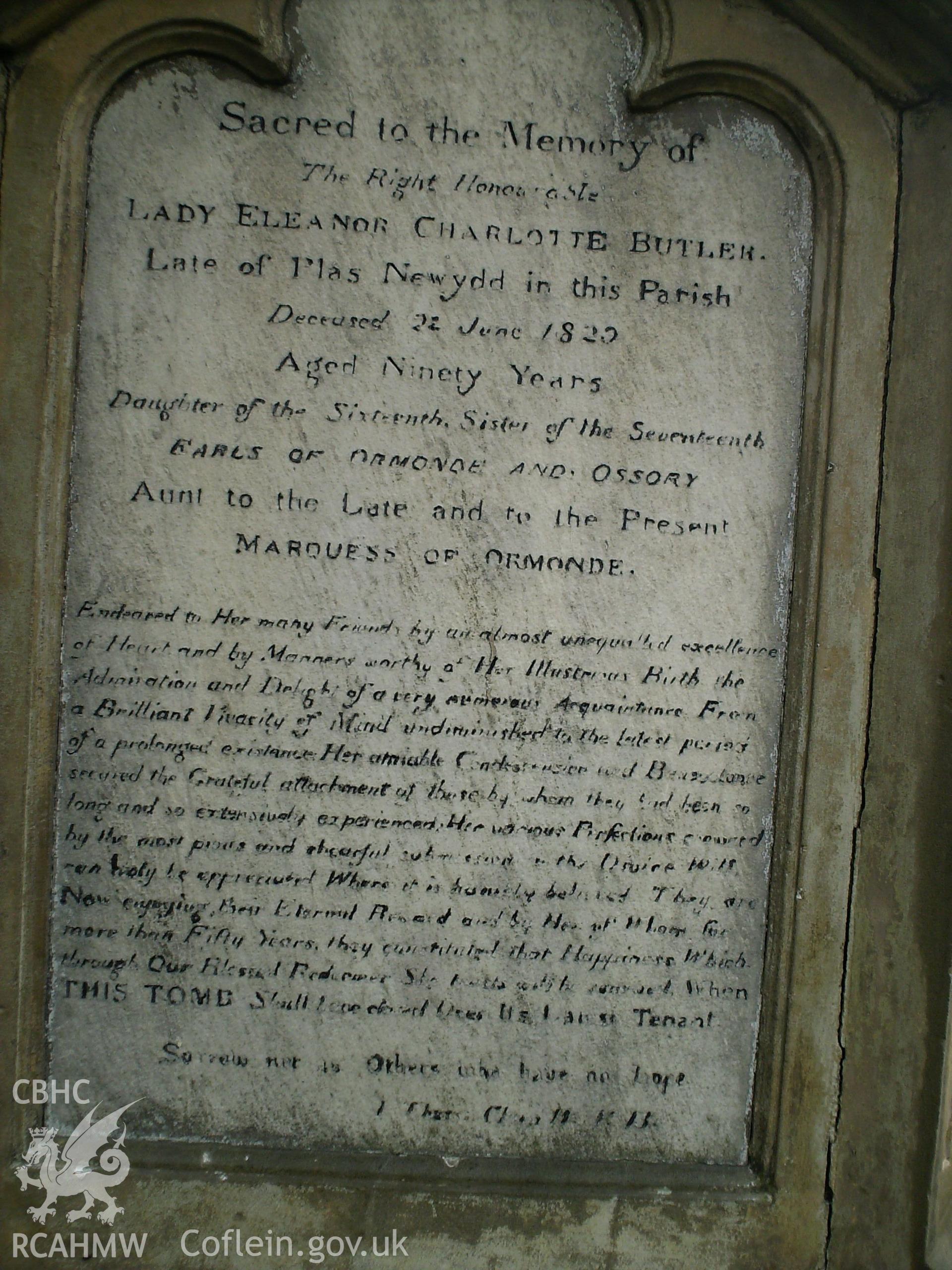 Digital image showing the original memorial plaque to Eleanor Butler (now in Llangollen Museum).