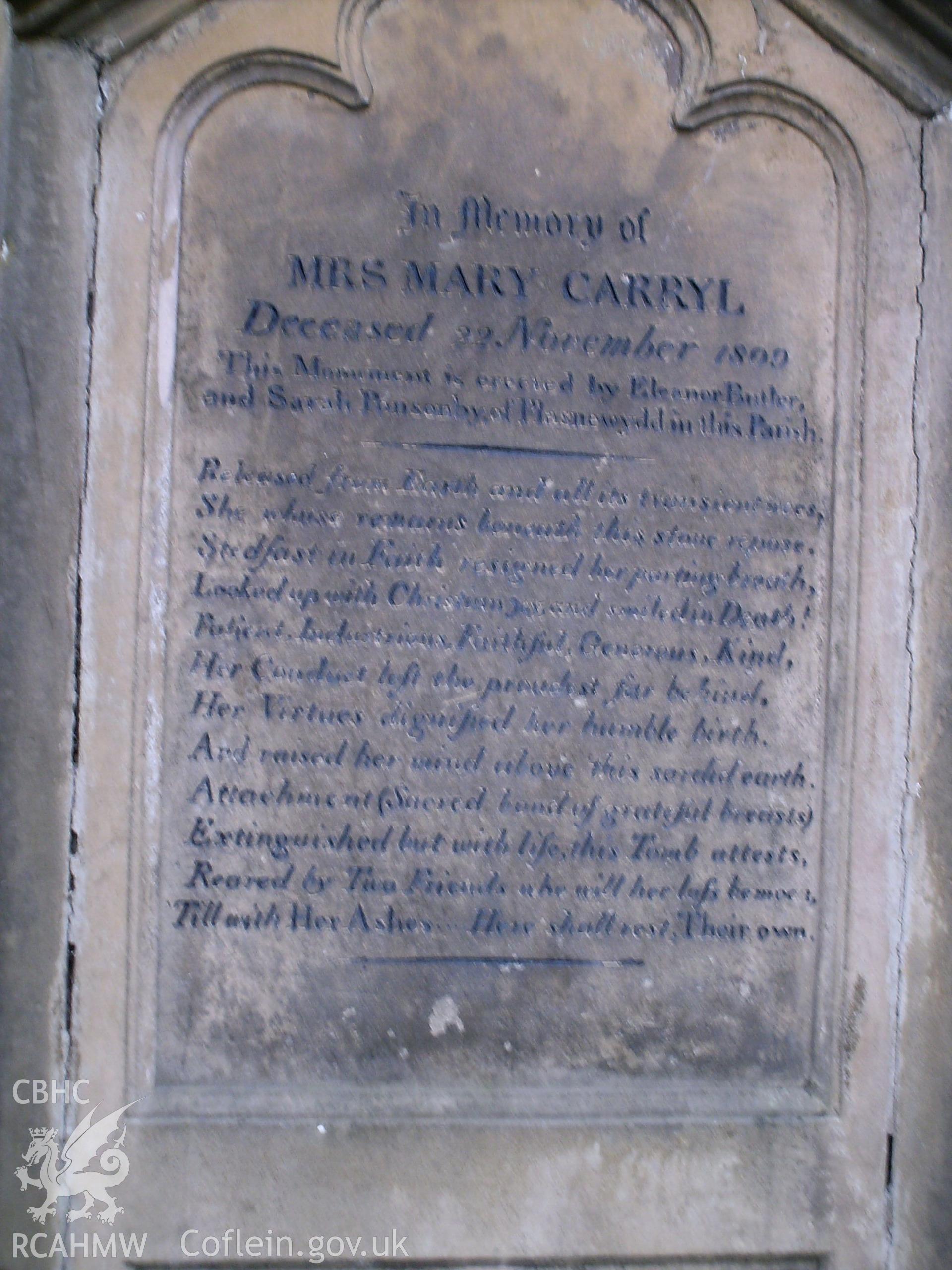 Digital image showing the memorial plaque to Mary Carryl pre-restoration.