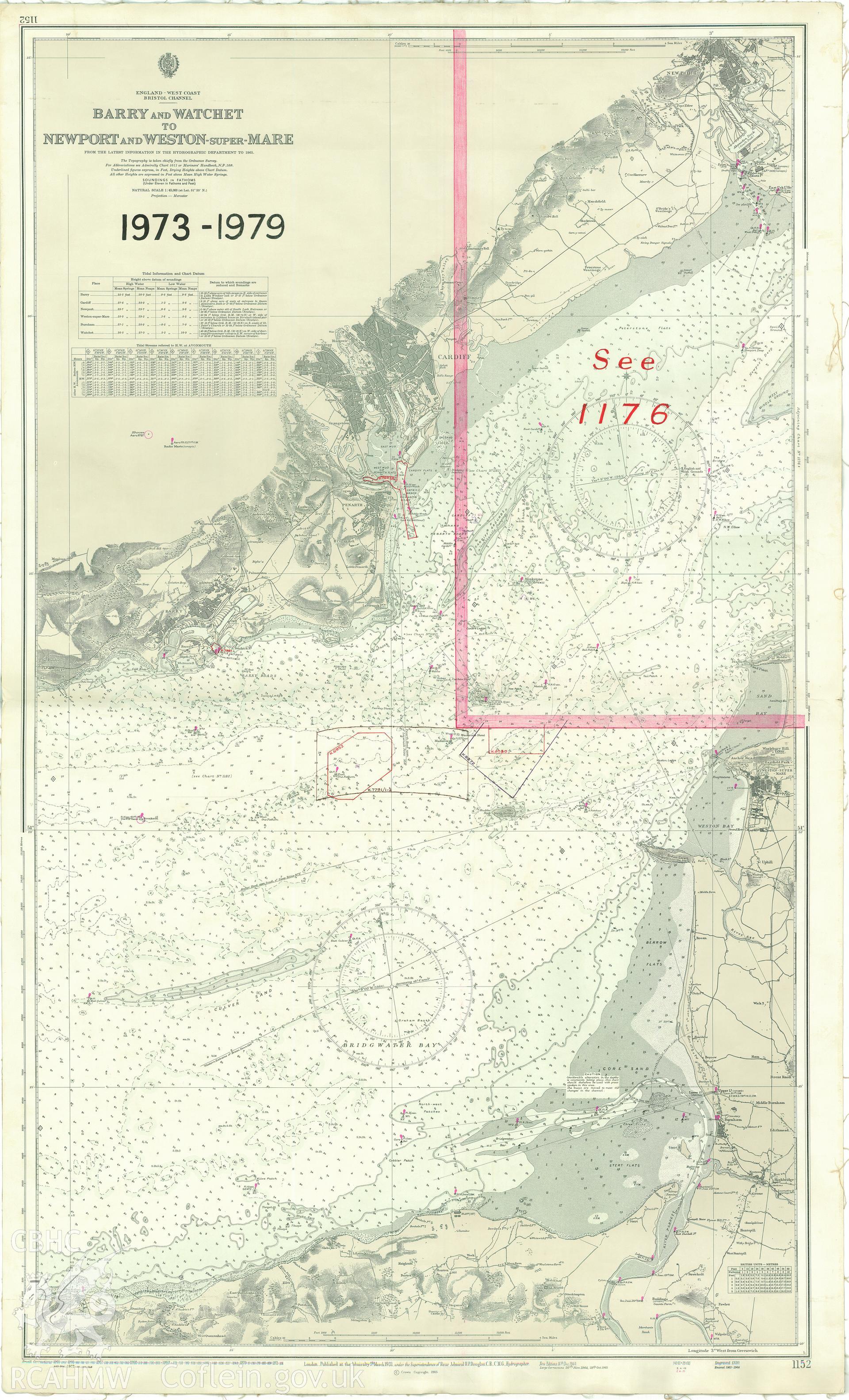 Scanned original image of an annotated Admiralty chart of Barry and Watchet to Newport and Weston-Super-Mare. Originally published 5 March 1931, with large corrections made 20 November 1964 and 29 October 1965. Original Hydrographic Office reference number was 'Index1930-1979-1152'.