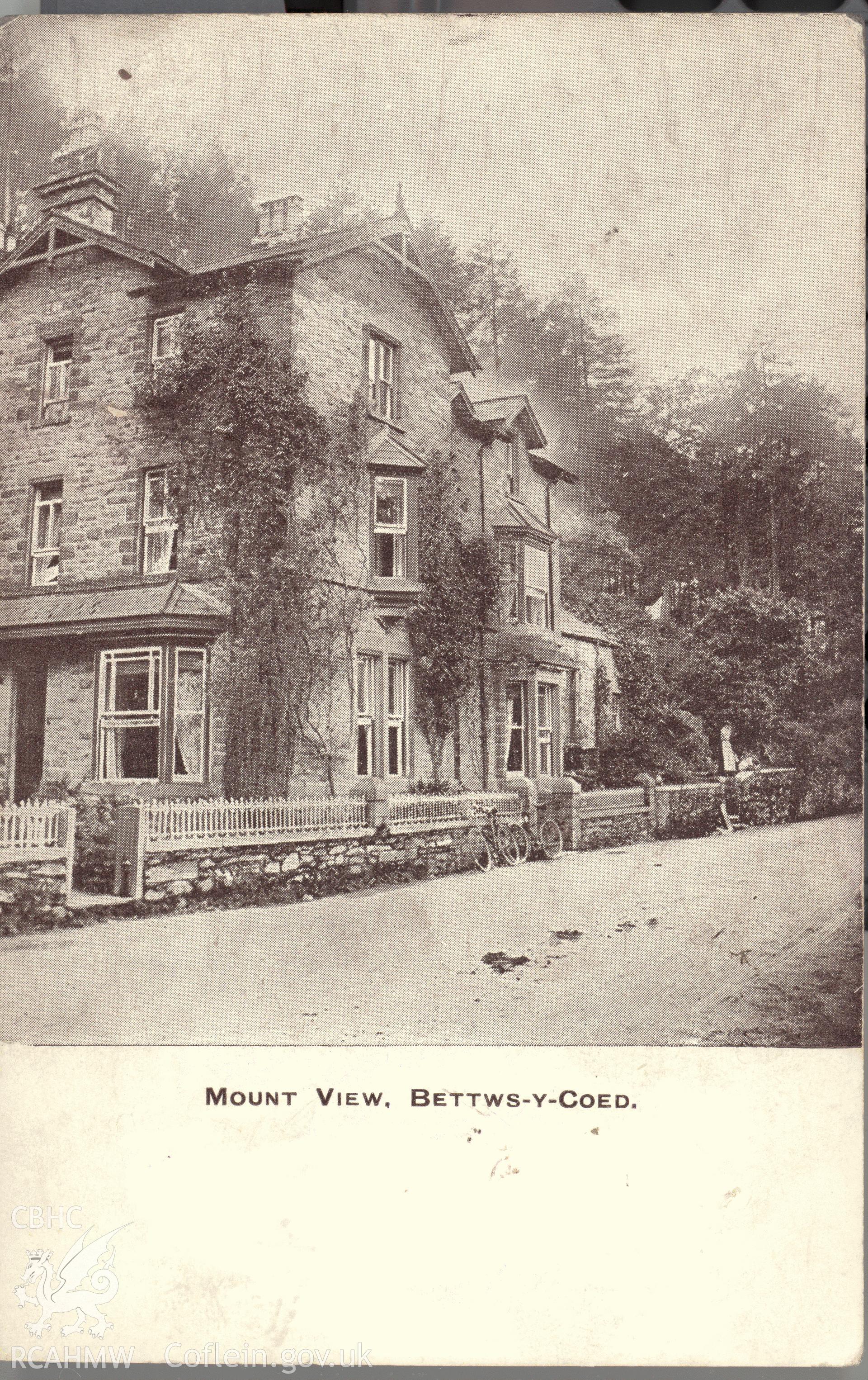 Digitised postcard image of Mount View, Betws-y-Coed. Produced by Parks and Gardens Data Services, from an original item in the Peter Davis Collection at Parks and Gardens UK. We hold only web-resolution images of this collection, suitable for viewing on screen and for research purposes only. We do not hold the original images, or publication quality scans.