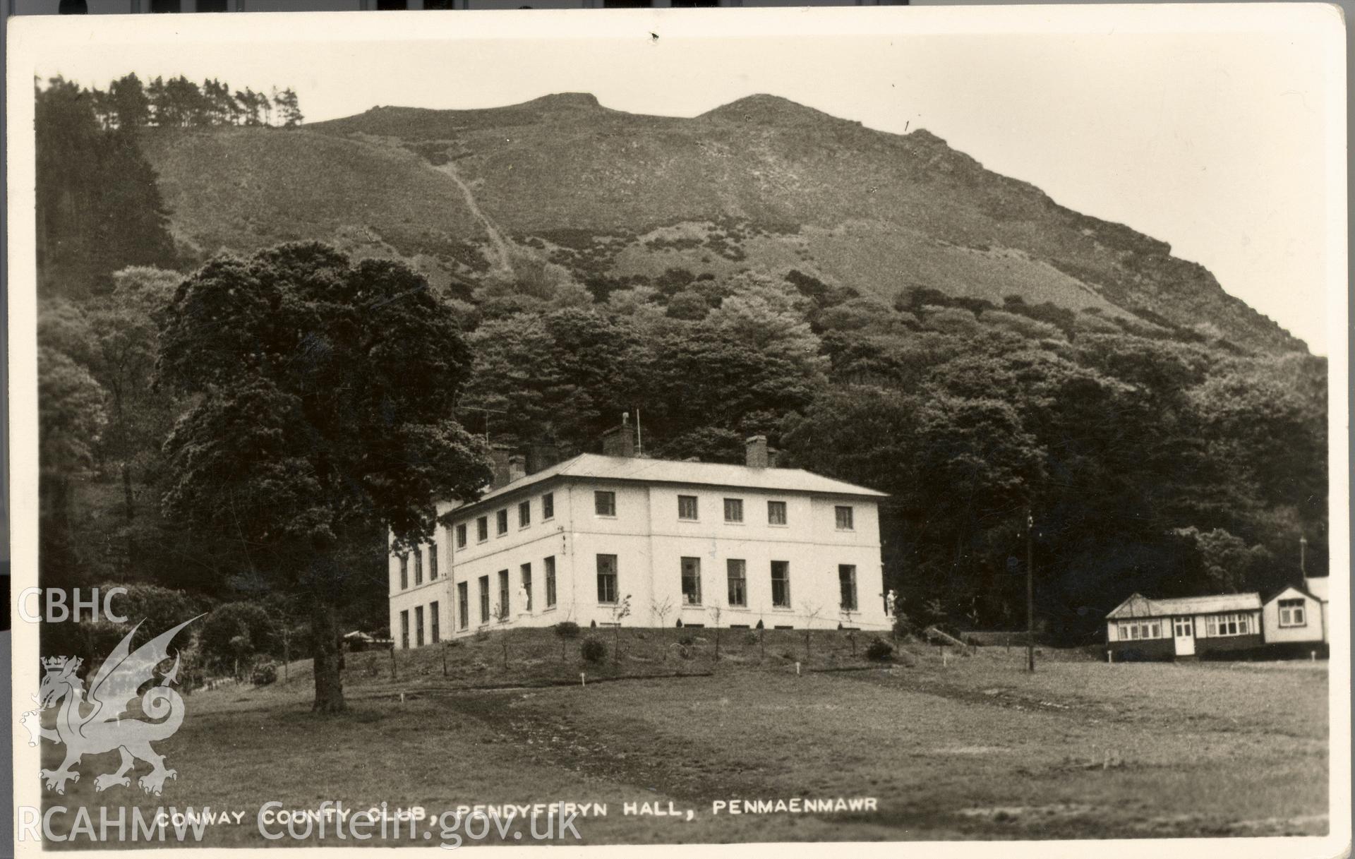Digitised postcard image of Pendyffryn Hall, Penmaenmawr. Produced by Parks and Gardens Data Services, from an original item in the Peter Davis Collection at Parks and Gardens UK. We hold only web-resolution images of this collection, suitable for viewing on screen and for research purposes only. We do not hold the original images, or publication quality scans.