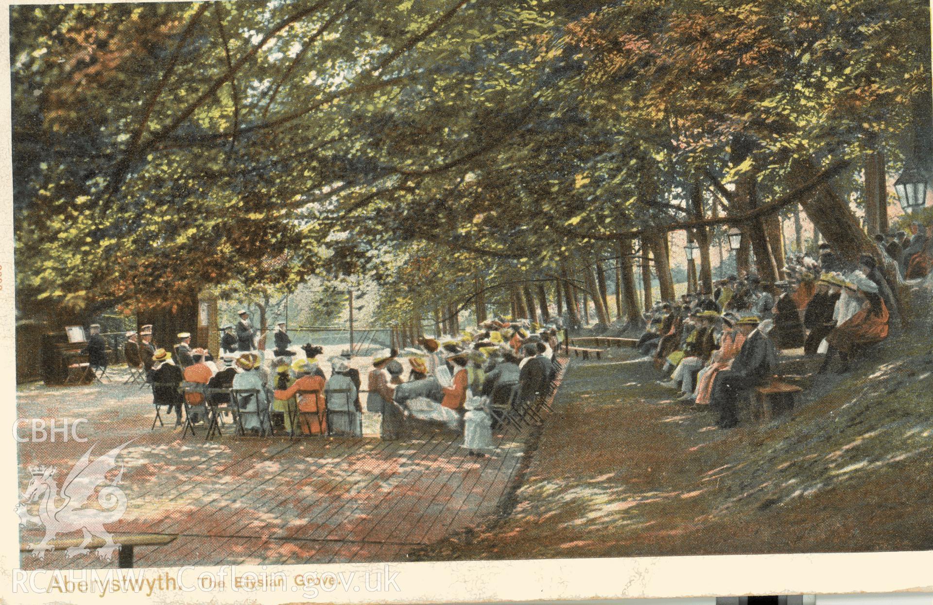 Digitised postcard image of the Elysian Grove, Aberystwyth, The Pictorial Stationery Co. Ltd., London. Produced by Parks and Gardens Data Services, from an original item in the Peter Davis Collection at Parks and Gardens UK. We hold only web-resolution images of this collection, suitable for viewing on screen and for research purposes only. We do not hold the original images, or publication quality scans.