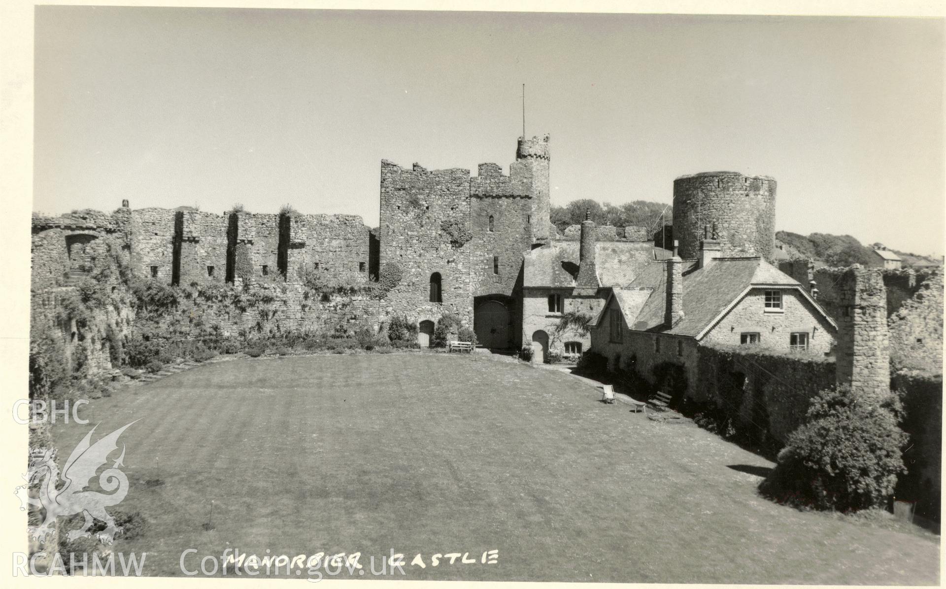 Digitised postcard image of Manorbier Castle, Squibbs Studios, Tenby. Produced by Parks and Gardens Data Services, from an original item in the Peter Davis Collection at Parks and Gardens UK. We hold only web-resolution images of this collection, suitable for viewing on screen and for research purposes only. We do not hold the original images, or publication quality scans.