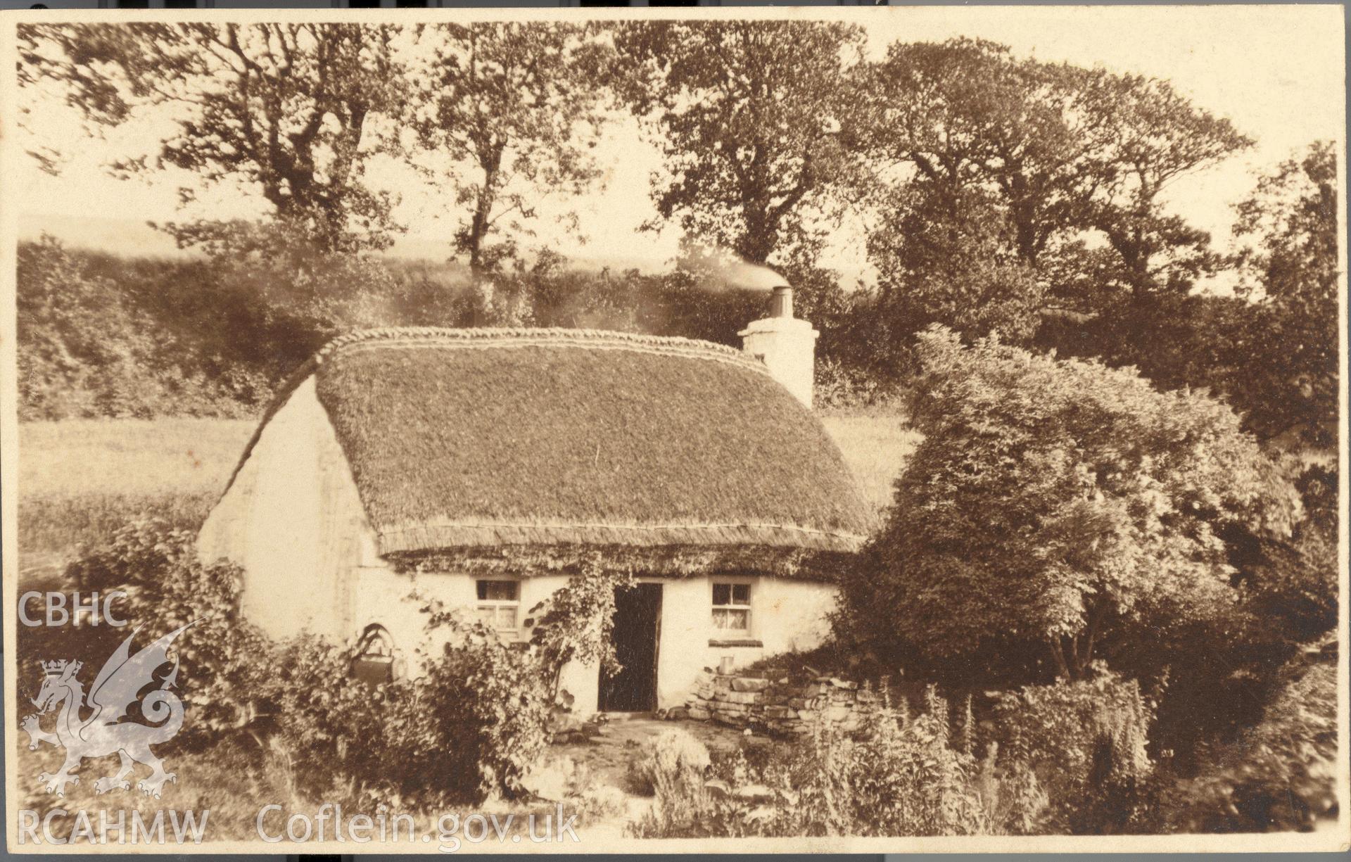 Digitised postcard image of unidentified thatched cottage, Betws-y-coed. Produced by Parks and Gardens Data Services, from an original item in the Peter Davis Collection at Parks and Gardens UK. We hold only web-resolution images of this collection, suitable for viewing on screen and for research purposes only. We do not hold the original images, or publication quality scans.