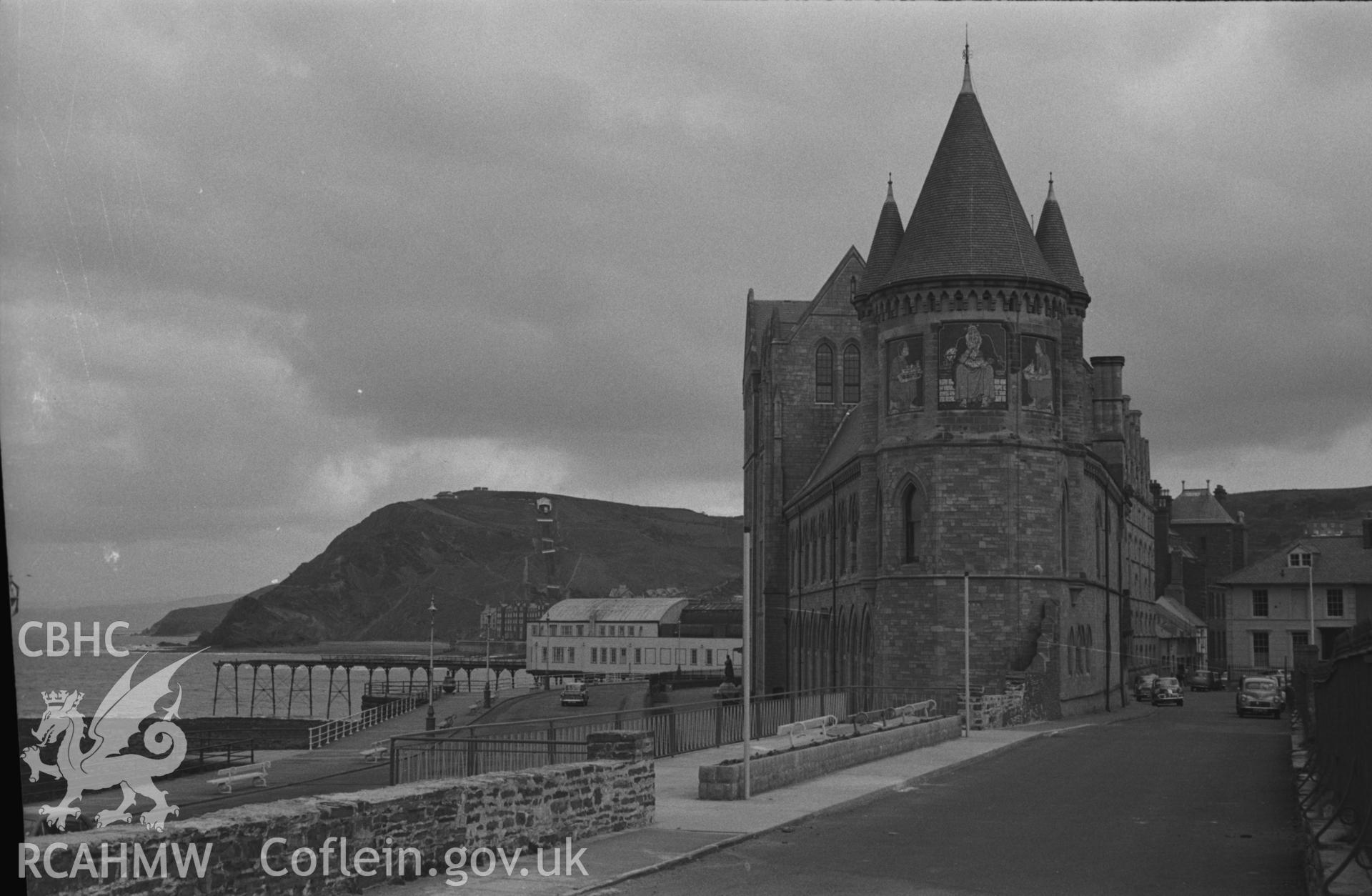 Black and White photograph showing Old College, Constitution hill, King Street and the sea front, Aberystwyth. Photographed by Arthur Chater in March 1961 from Grid Reference SN 5800 8160, looking north east.