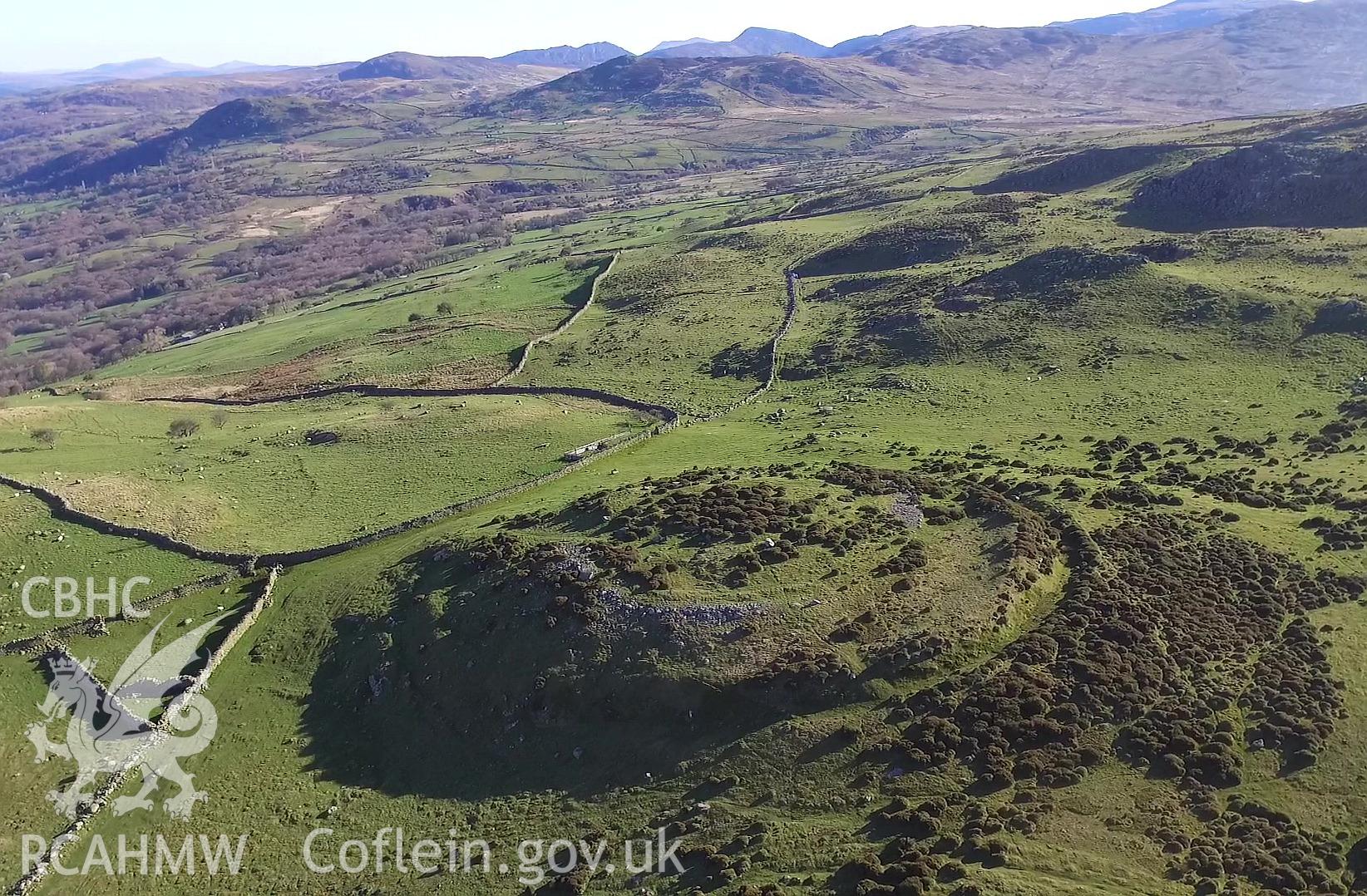Colour photo showing Caer Bach Hillfort,  produced by Paul R. Davis,  April 2017.
