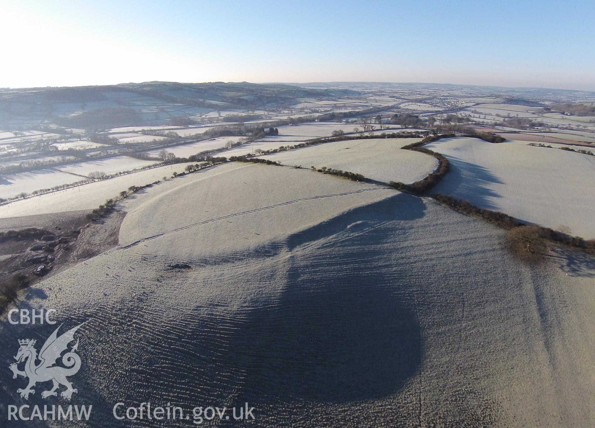 Colour aerial photo showing Castell Y Gaer, taken by Paul R. Davis, 20th January 2016.