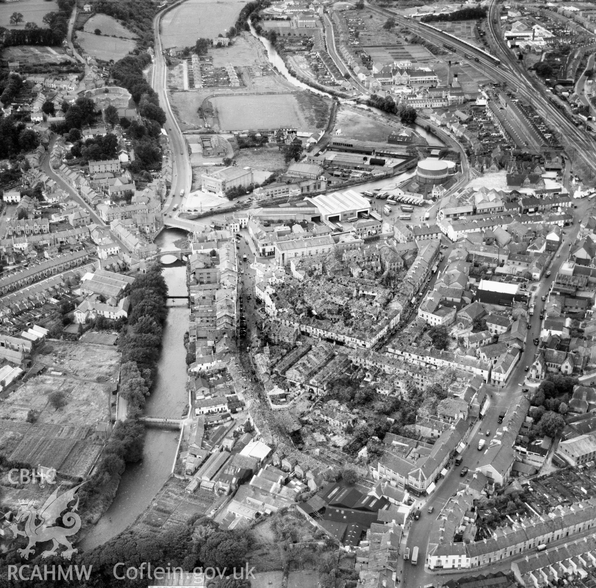 General view of Bridgend showing centre of the town. Oblique aerial photograph, 5?" cut roll film.