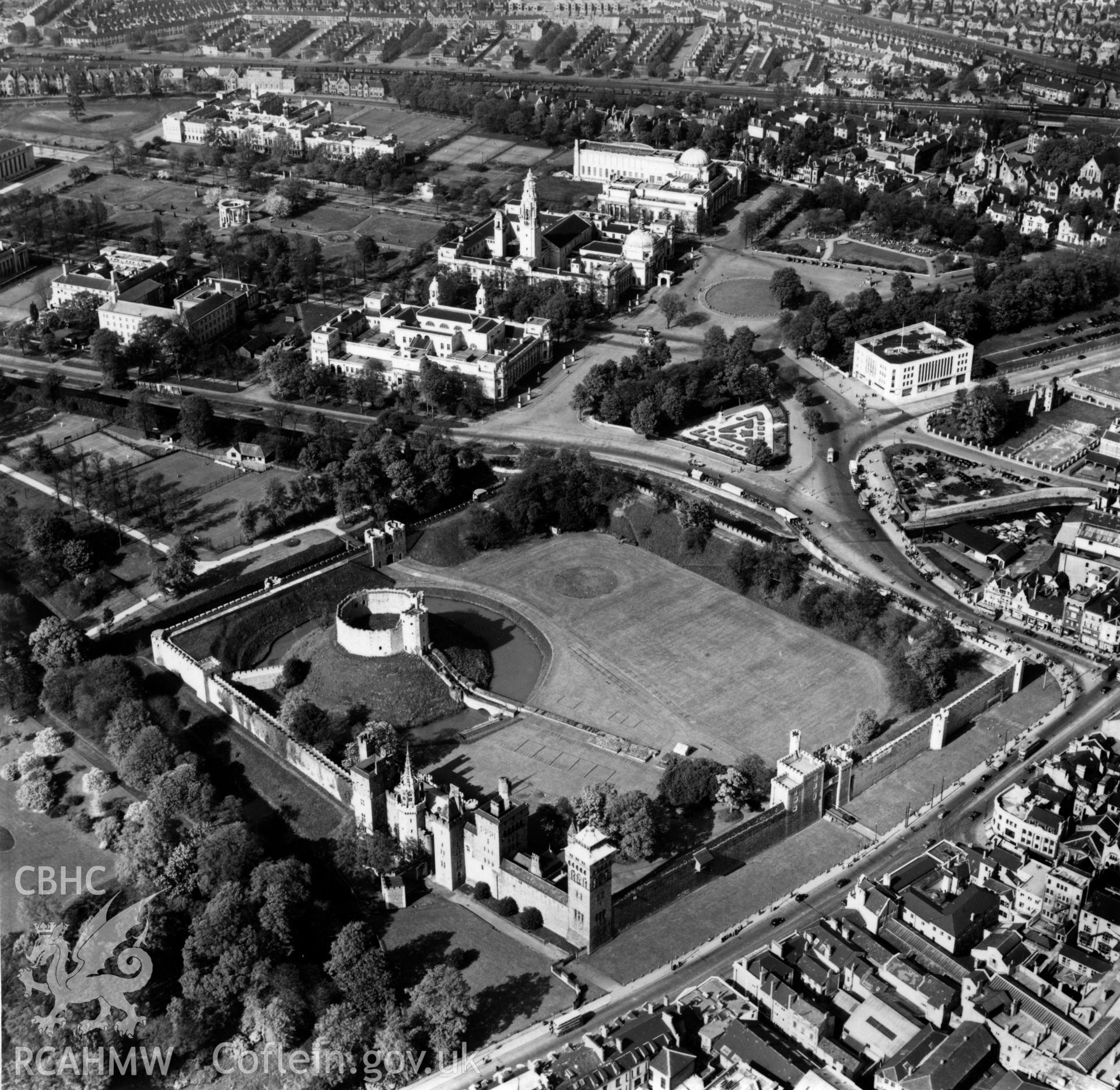 View of central Cardiff showing castle. Oblique aerial photograph, 5?" cut roll film.