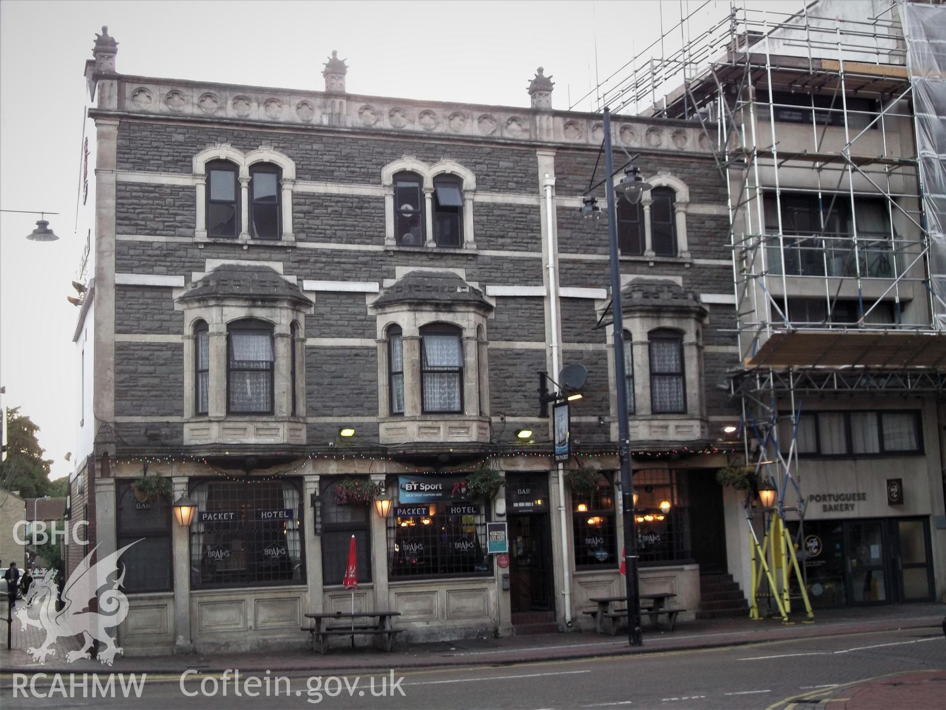Colour photograph showing exterior of the Packet Hotel at 95 Bute Street, Butetown, Cardiff. Photographed during survey conducted by Adam N. Coward on 16th July 2018.