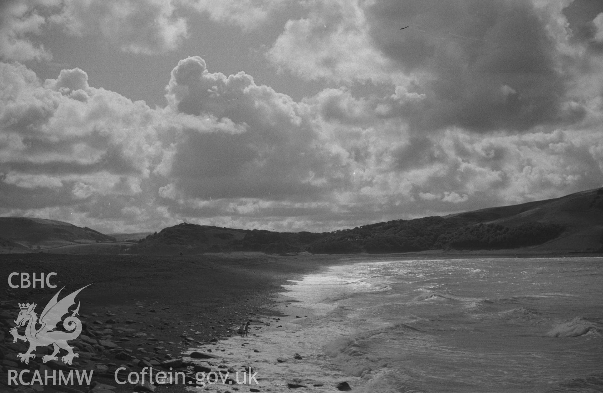 Digital copy of a black and white negative showing view of Tanybwlch beach, Aberystwyth. Photographed by Arthur O. Chater in September 1964 from Tanybwlch pier. Grid Reference SN 5785 8078. (Panorama. Photograph 8 of 10).
