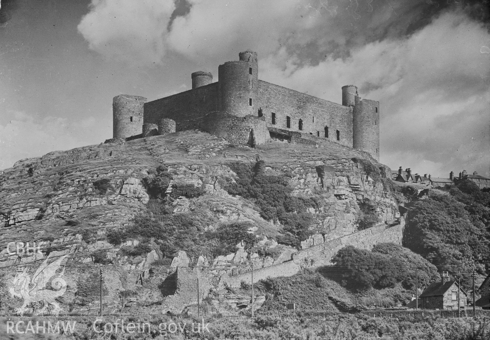 Digital copy of a negative showing view of Harlech Castle.