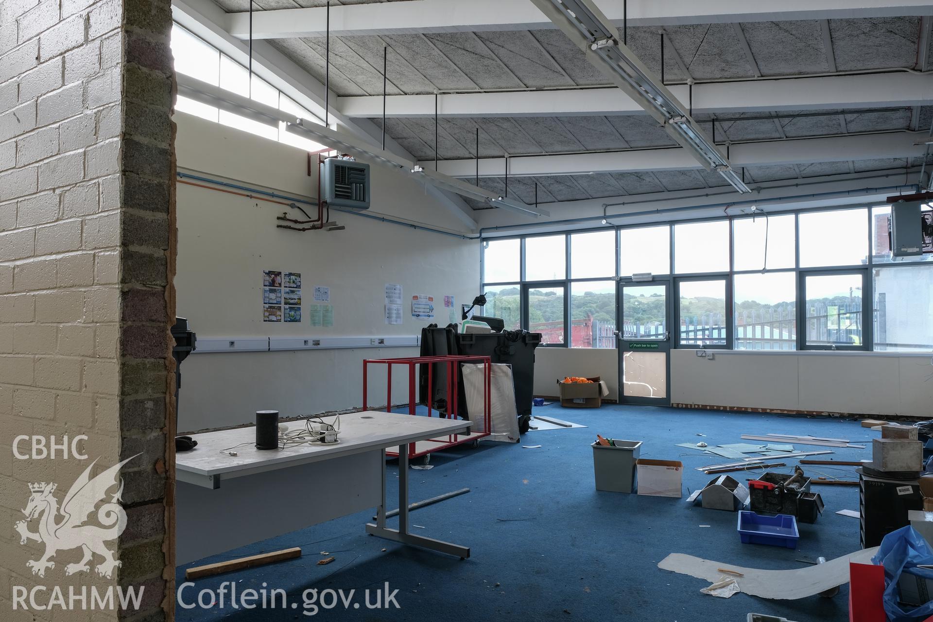 Digital colour photograph showing detailed interior view of classroom at Caernarfonshire Technical College, Ffriddoedd Road, Bangor. Photographed by Dilys Morgan and donated by Wyn Thomas of Grwp Llandrillo-Menai Further Education College, 2019.