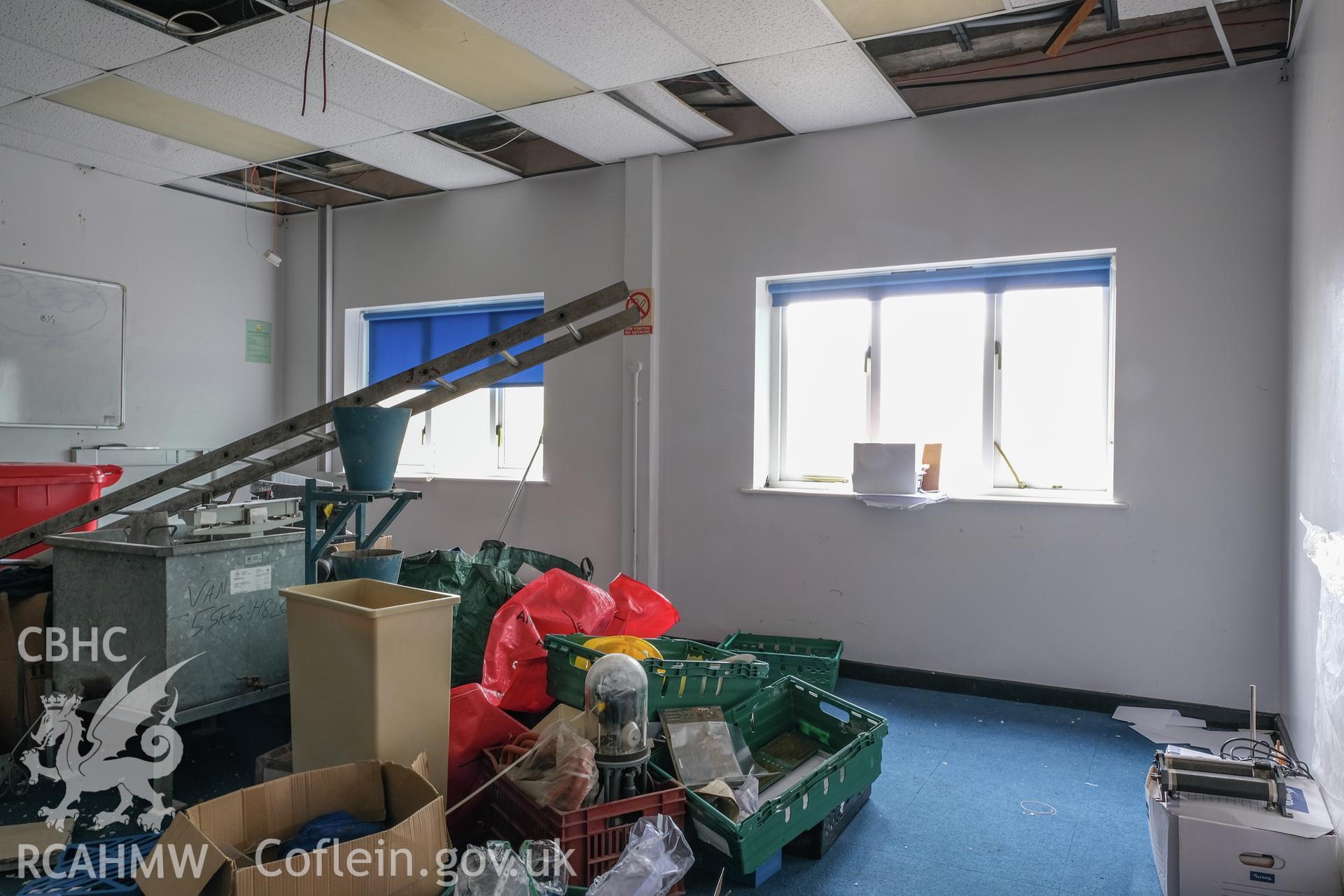 Digital colour photograph showing detailed interior view of classroom at Caernarfonshire Technical College, Ffriddoedd Road, Bangor. Photographed by Dilys Morgan and donated by Wyn Thomas of Grwp Llandrillo-Menai Further Education College, 2019.